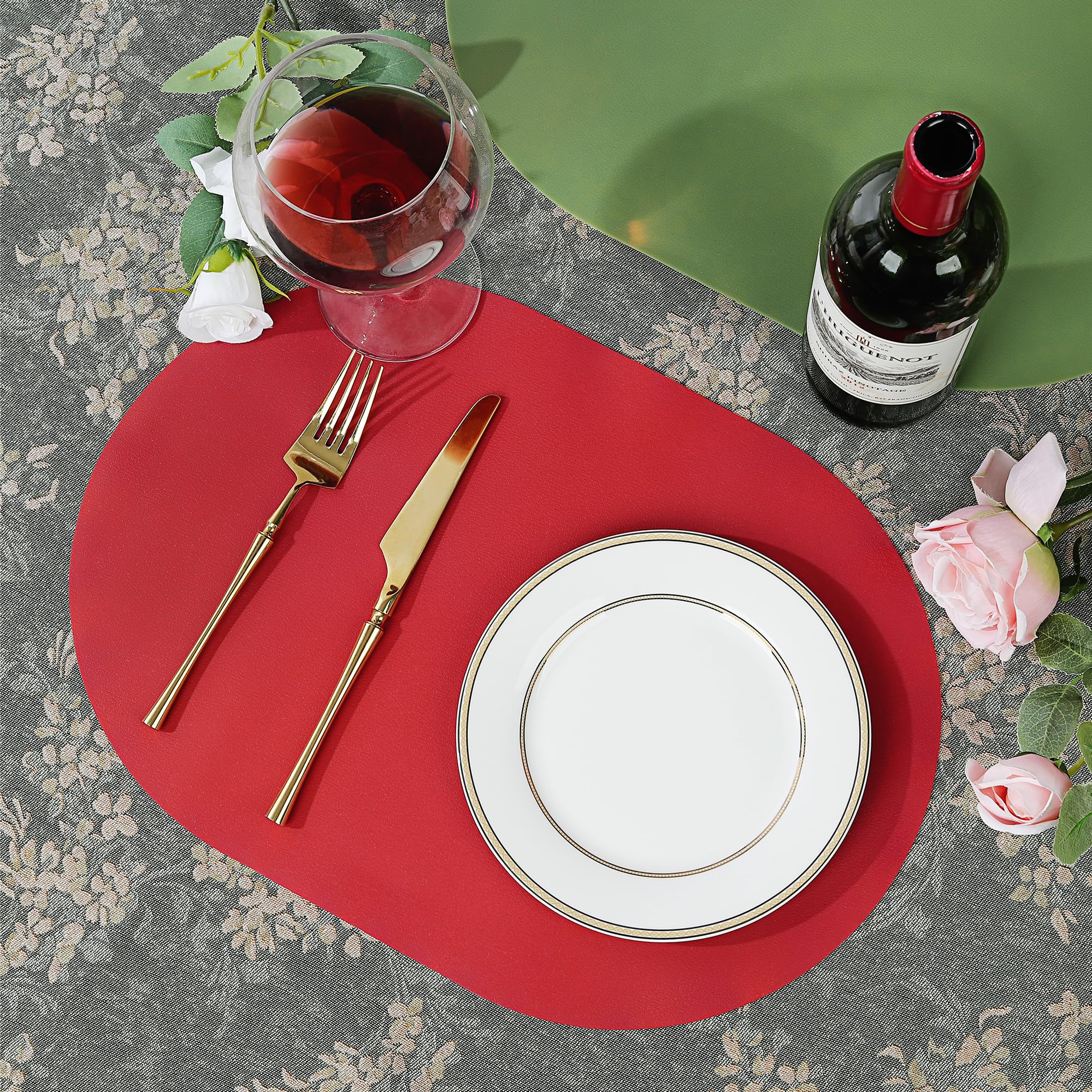 Fanquare Oval Red Silicone Placemats With One Side Faux Leather Texture Placemat For Dining Table Set Of 4 Non-Slip Non Scratch