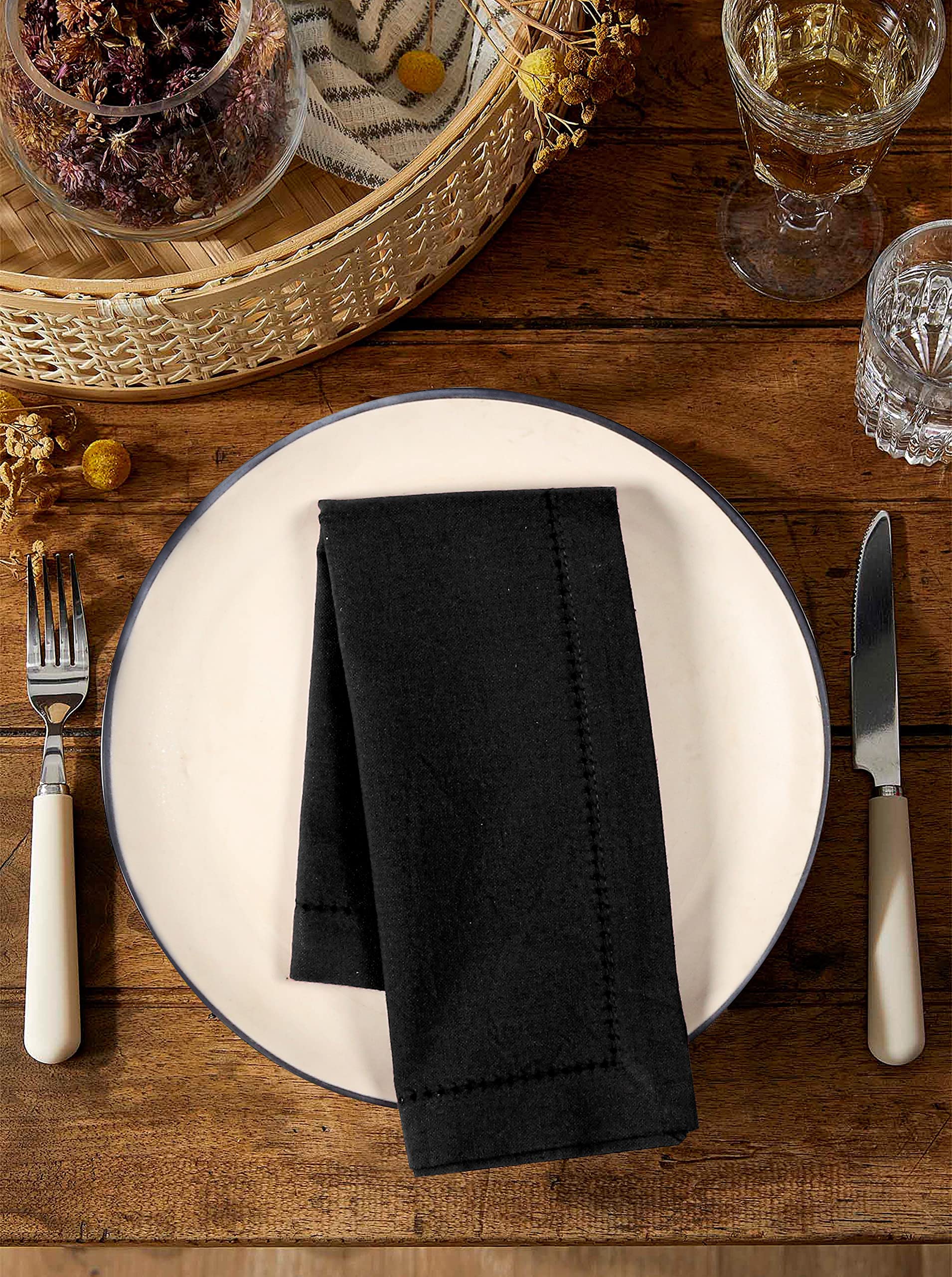 Palisa Cloth Dinner Napkins with Hemstitched Detailing & Mitered Corners Set of 4 (18x18 Inches) Black - Cotton Reusable Dinner Napkins - Perfect for Weddings & Everyday Use