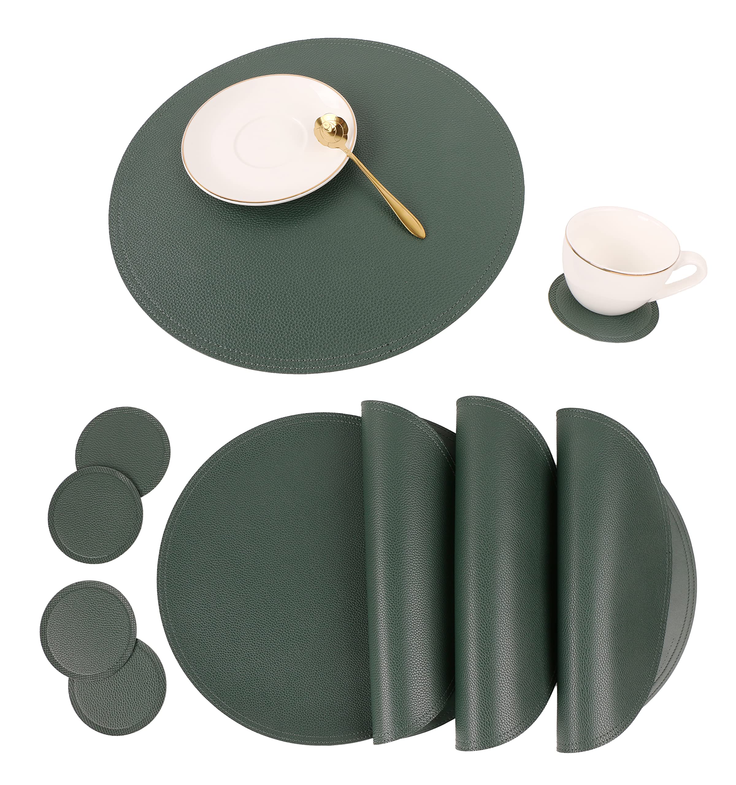 Set Of 6 Faux Leather Round Placemats And Coasters, Disko Table Mats And Drink Spills Coasters, Easy To Clean, Double Stitched F
