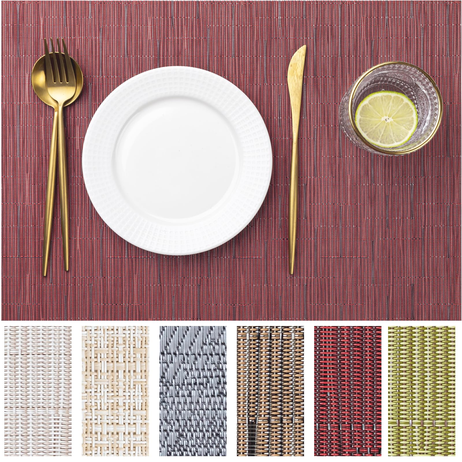 Lexmore Pvc Woven Placemats 6 Pcs Wipeable Indoor/Outdoor Table Mats Washable Vinyl Place Mats For Dining Table, Set Of 6-Burgun