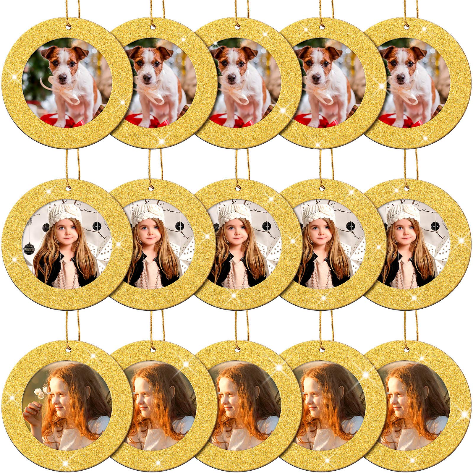 Jetec 15 Pieces Mini Magnetic Glitter Christmas Photo Frame Ornaments with 13.12 Feet Gold Thread for Holiday Christmas Picture 