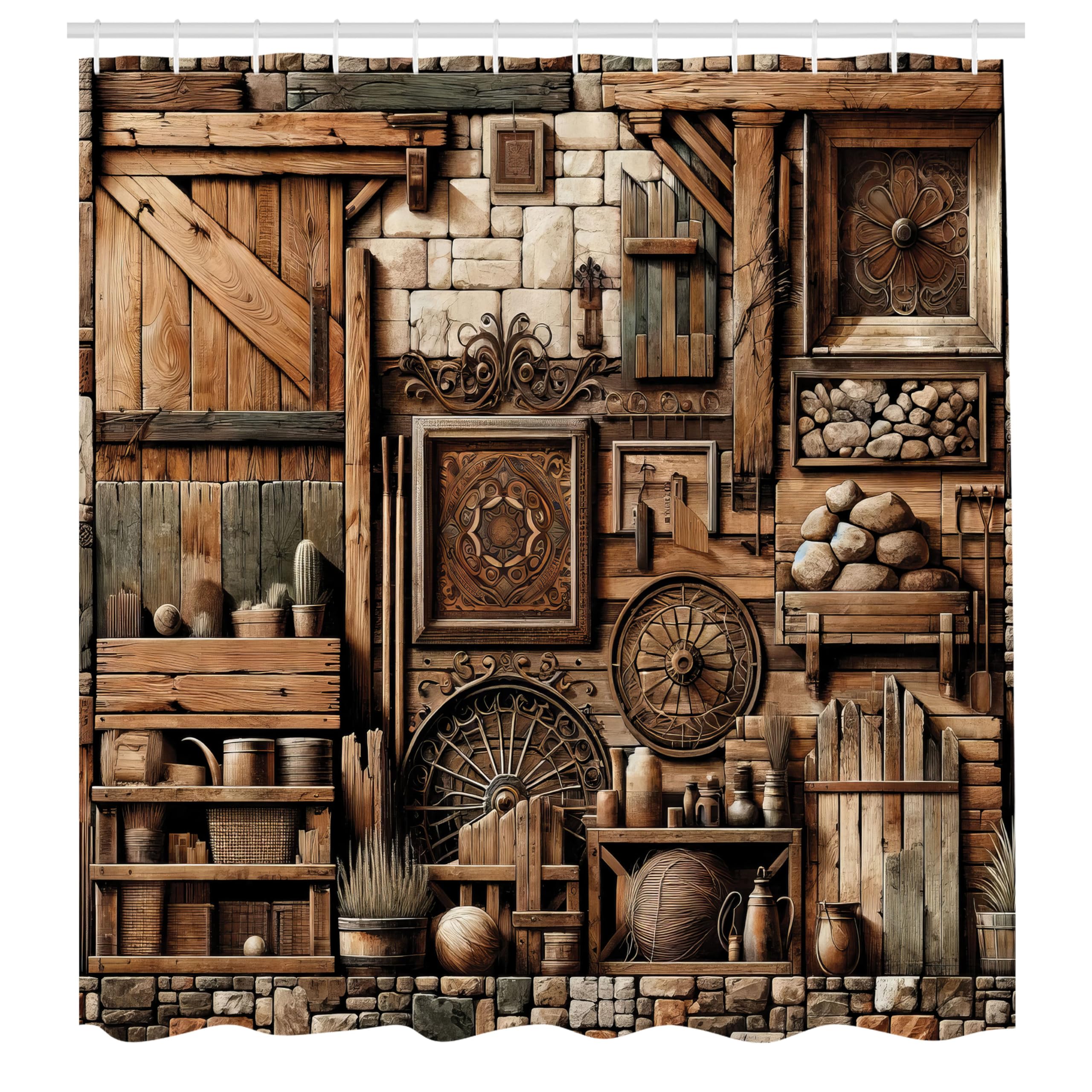 Ambesonne Rustic Shower Curtain, Weathered And Grunge Look Medieval Time Inspired Cottage Scene Wooden Details, Cloth Fabric Bat