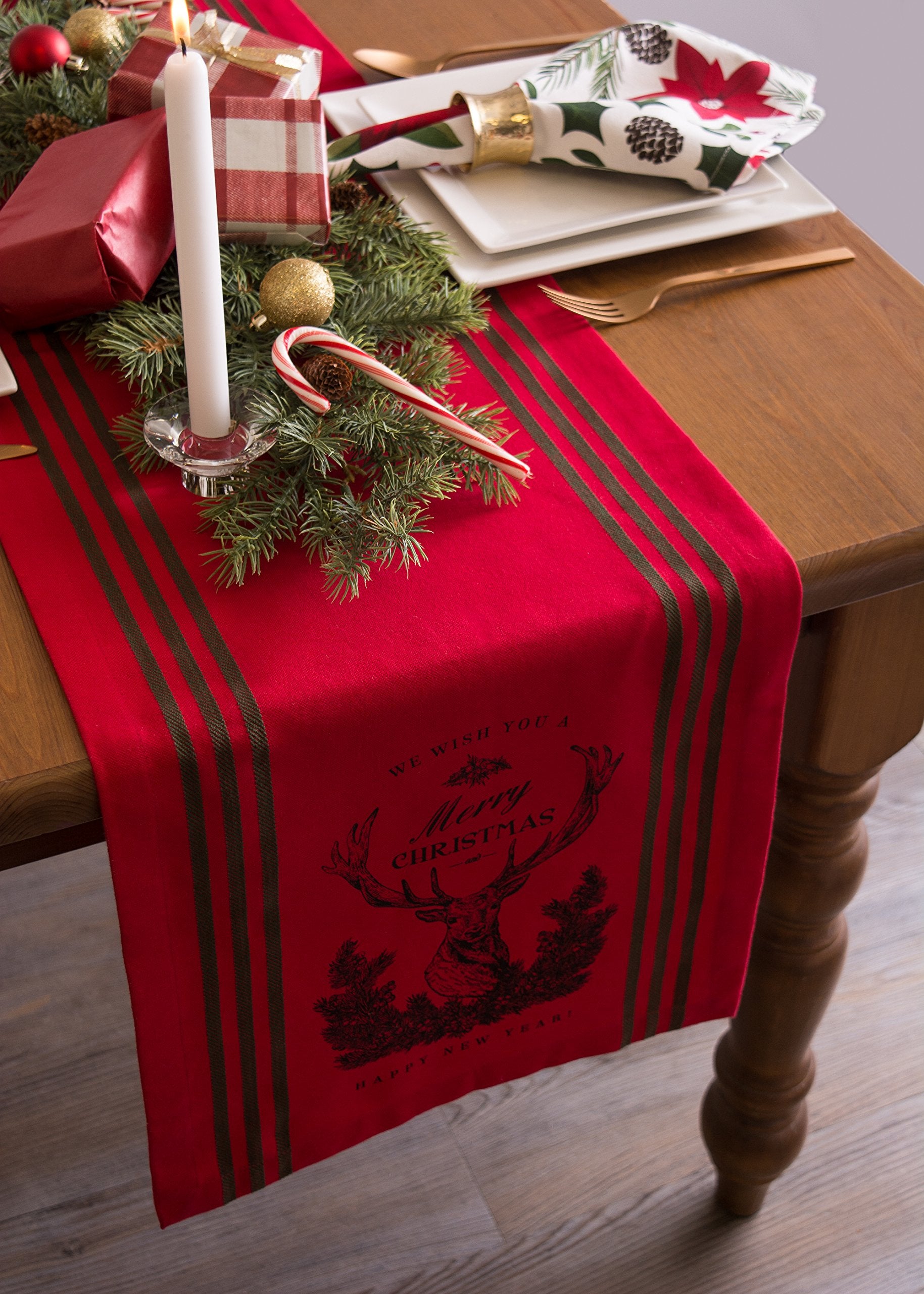 Dii Christmas Stag Print Table Runner, 14X108, Red/Green