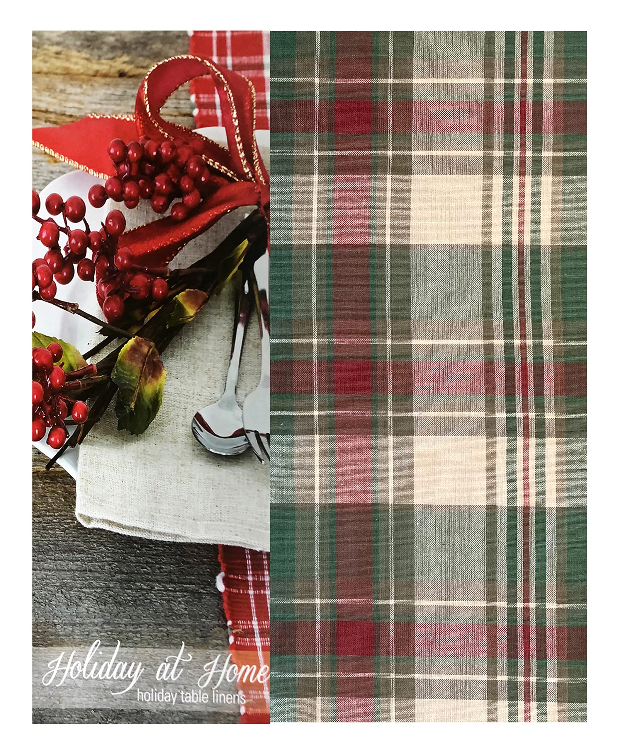 Lintex Christmas Cottage Plaid Cotton Weave Christmas Fabric Tablecloth, Country Rustic Holiday Tartan Plaid Easy Care Tableclot