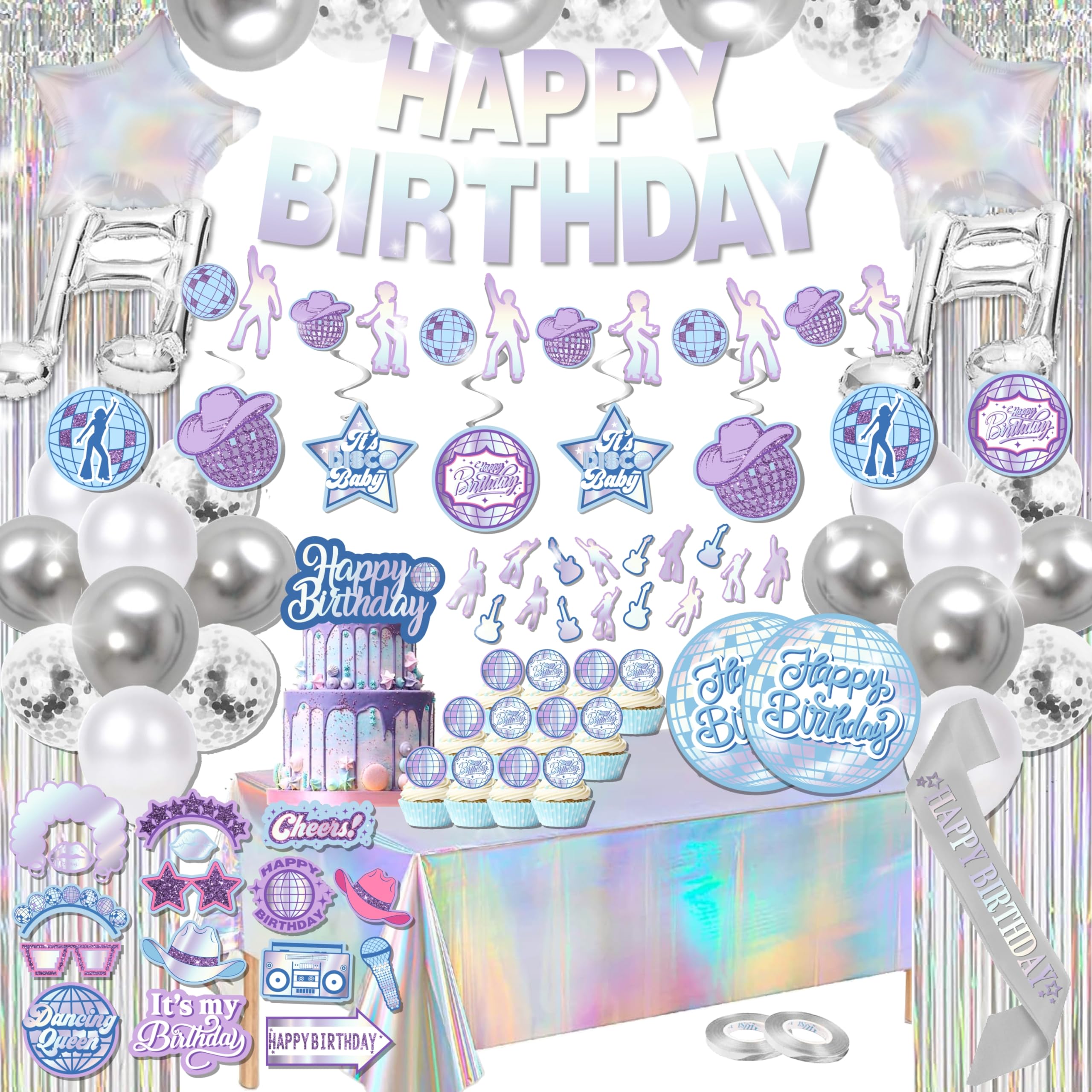 Jenmir, Iridescent Disco Birthday Party Decorations - (Total 110Pcs) Happy Birthday Banner, Party Supplies For Her, Balloons,Dis