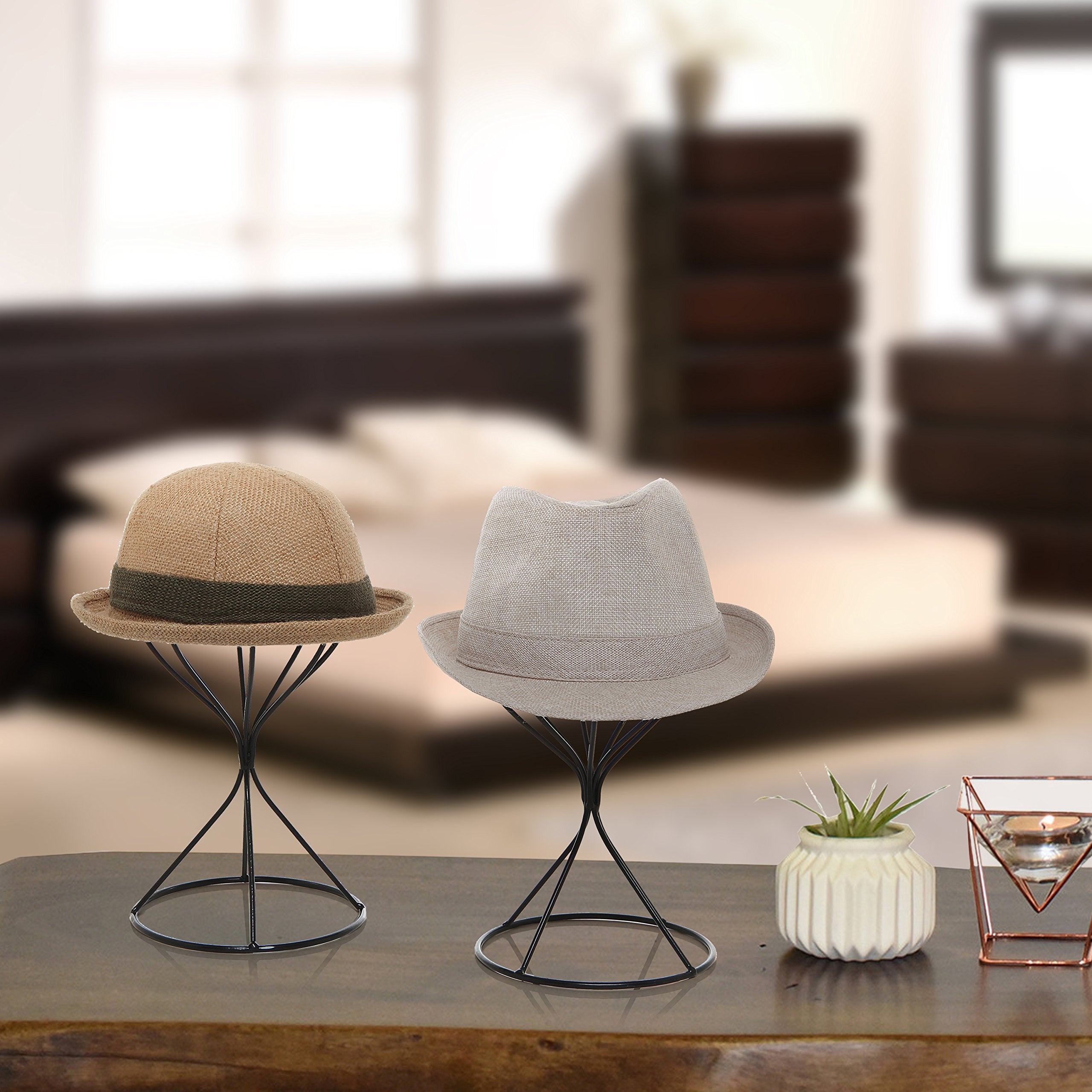 Mygift Black Metal Wire Hat Holder Stand, Wig Display Rack, Fedora Or Baseball Cap Storage Form, Set Of 2