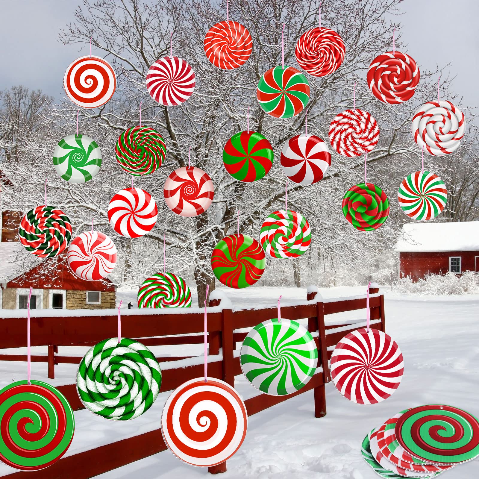 Rtteri 30 Pieces Christmas Candy Yard Hanging 6 Inch Double Sided Lawn Decorations Outdoor Christmas Hanging Ornaments Plastic O
