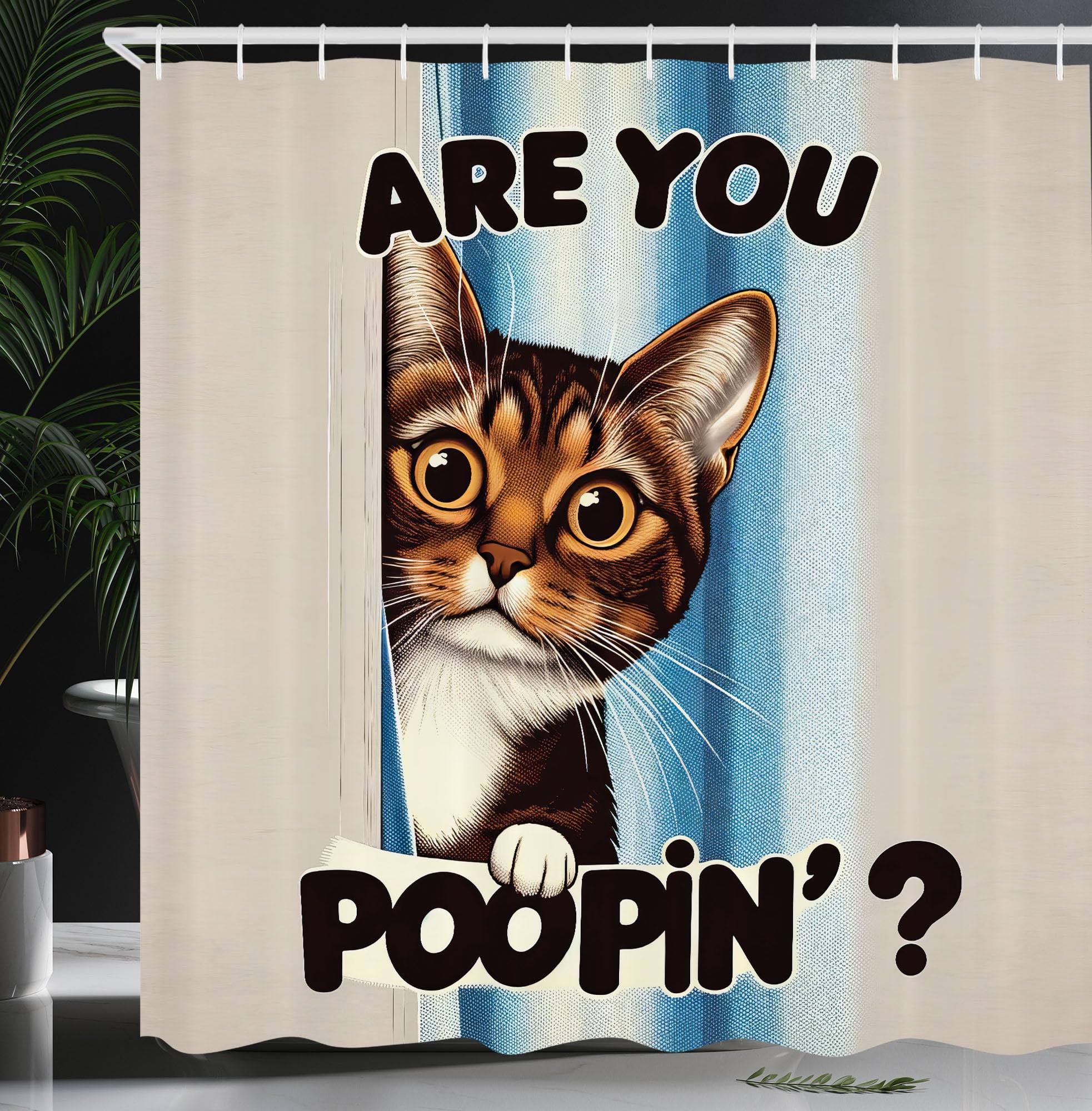 Ambesonne Cat Shower Curtain, Vintage Curious Brown Kitten With Are You Poopin' Writing Joke Humor Themed, Cloth Fabric Bathroom