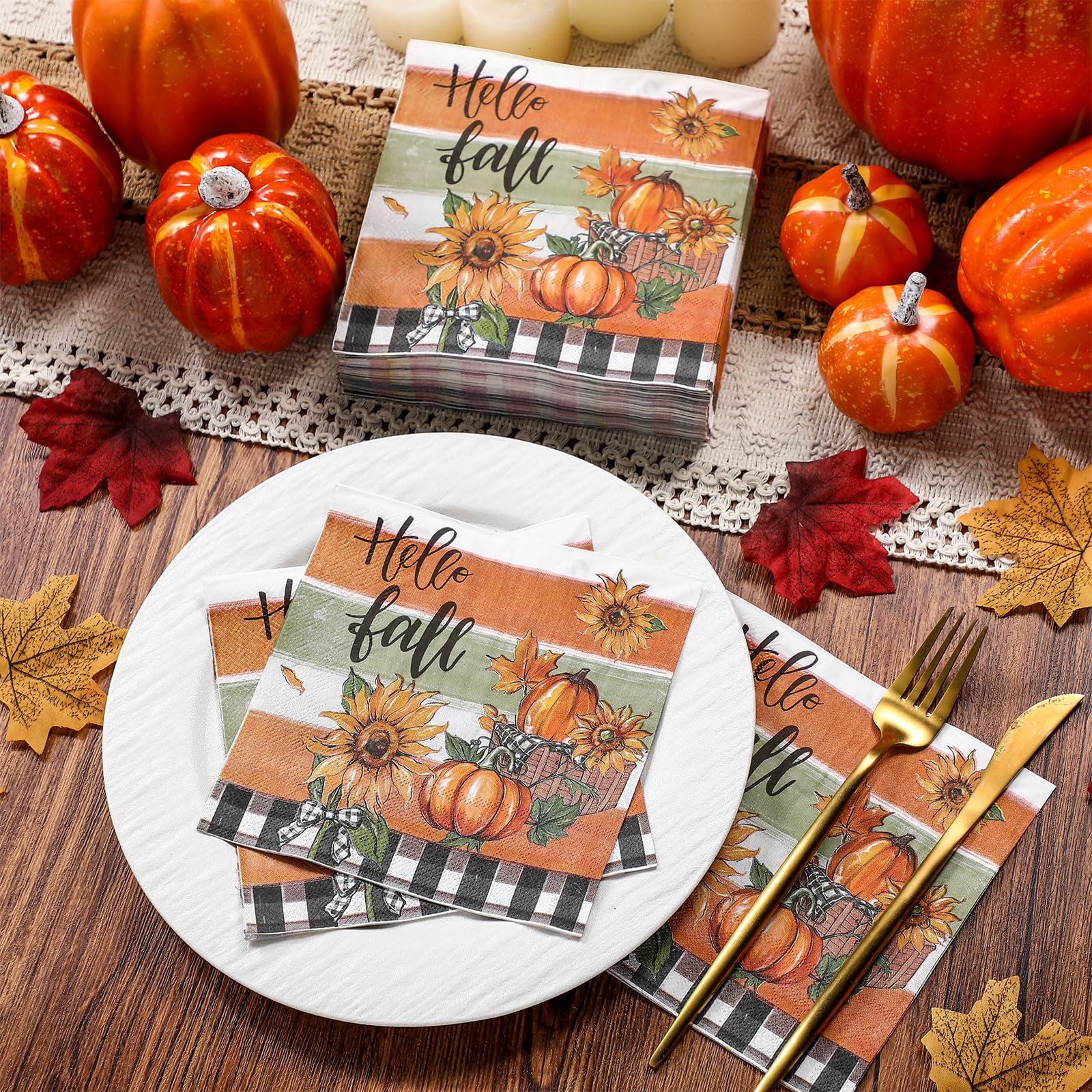 Epakh 200PCS Fall Thanksgiving Disposable Paper Decorative Guest Napkins Pumpkin Sunflower Hand Towel for Lunch Dinner Kitchen B