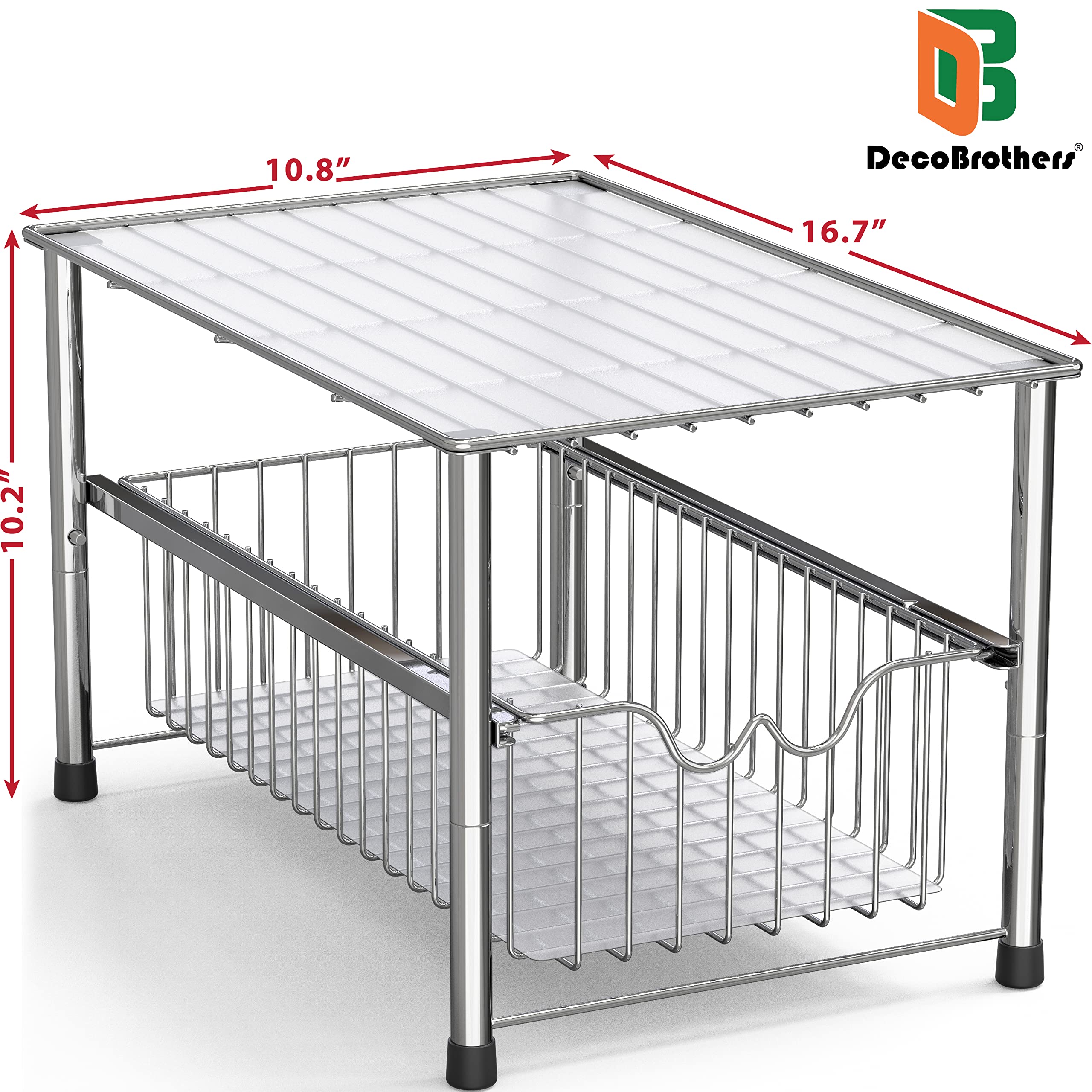 Deco Brothers Stackable Under Sink Organizer - Chrome Alloy Steel with Sliding Basket, Model BK-020-1