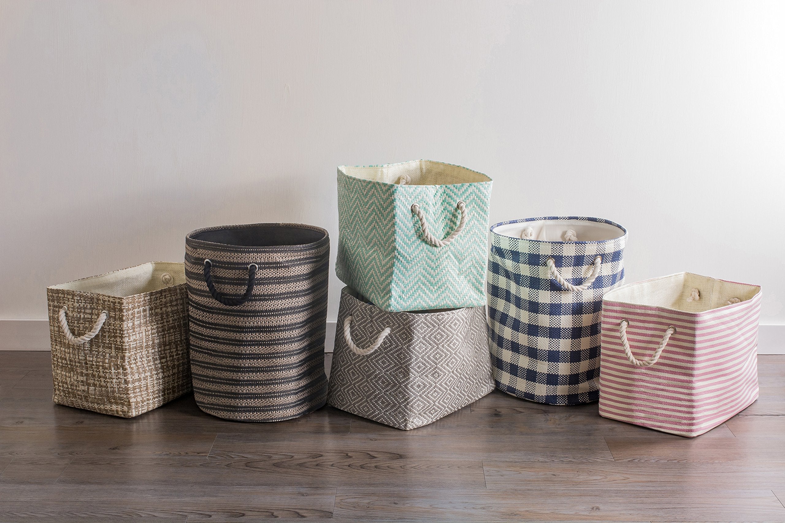 Dii Woven Paper Storage Bin, Checkers, Gray, Medium Round
