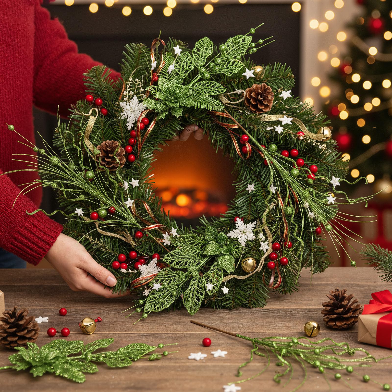 Yunlly 24 Pcs Green Christmas Tree Picks and Sprays Glitter Berry Stem Branches Artificial Christmas Picks Twigs Xmas Tree Ornam