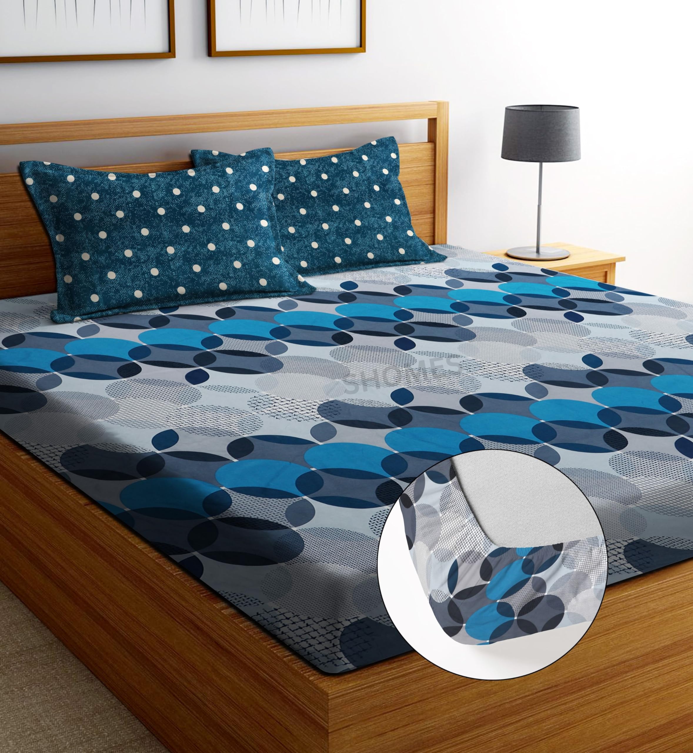 Shomes Elastic Fitted Bedsheets With 2 King Size Pillow Covers | Double Bed With All Around Elastic, Size 72 X 78 X 8 Inches (Bl