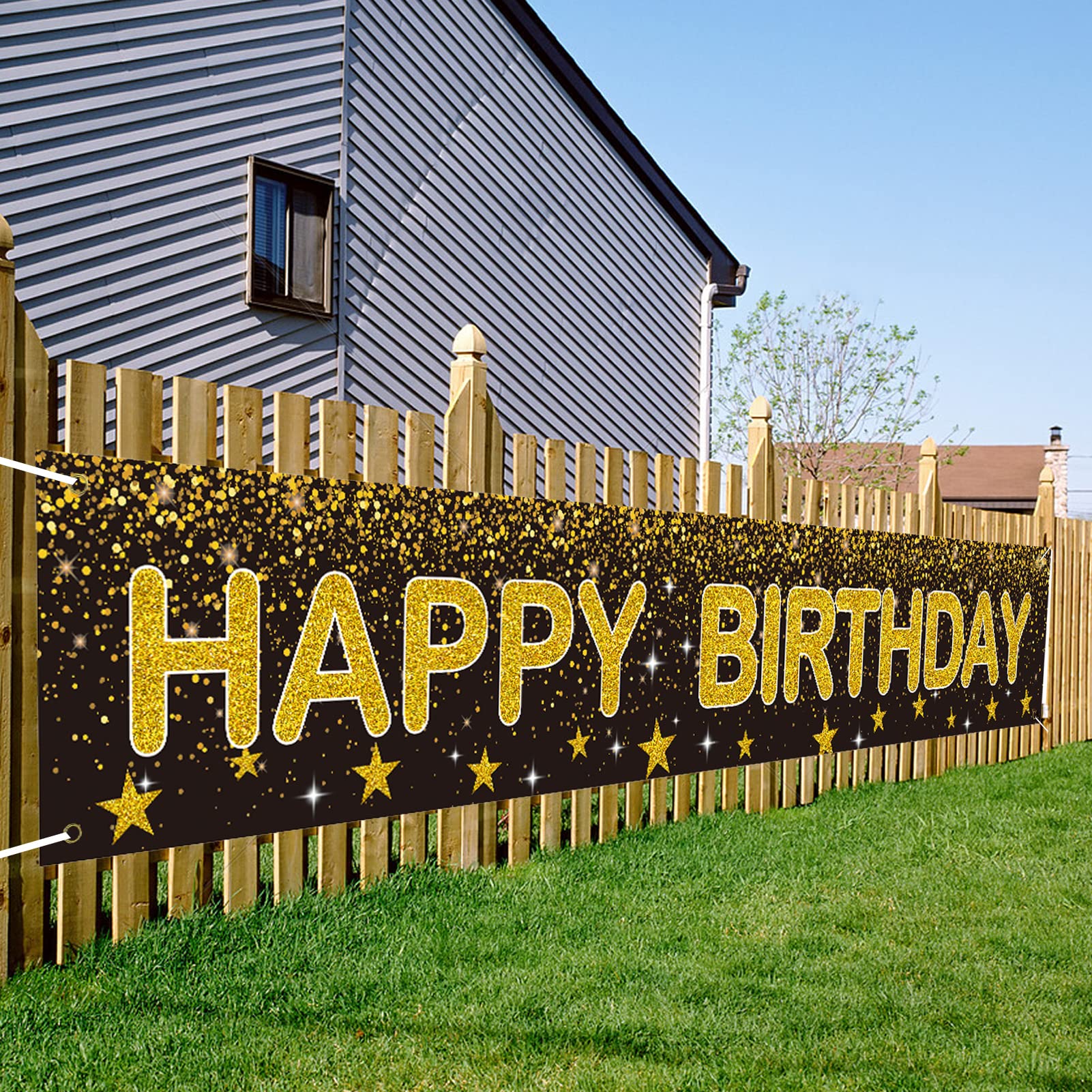 Ushinemi Happy Birthday Banner - Black And Gold Party Decorations Large Birthday Banner For Indoor And Outdoor, 9.8X1.6Ft