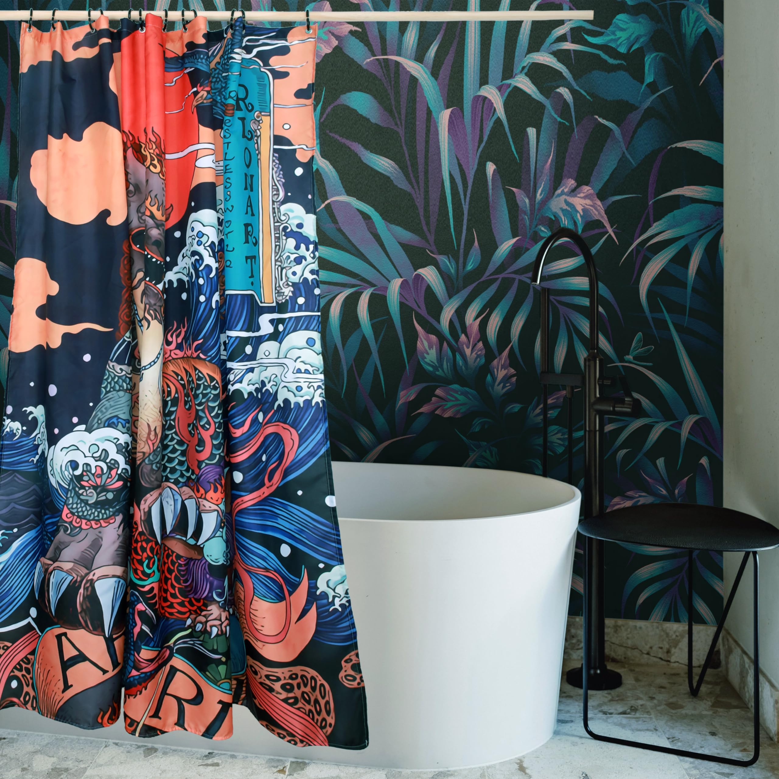 Spanker Space Colorful Asian Art Ukiyoe Chinese Mascot Kylin Great Waves Waterproof Fabric Unique Bath Shower Curtain With Hooks