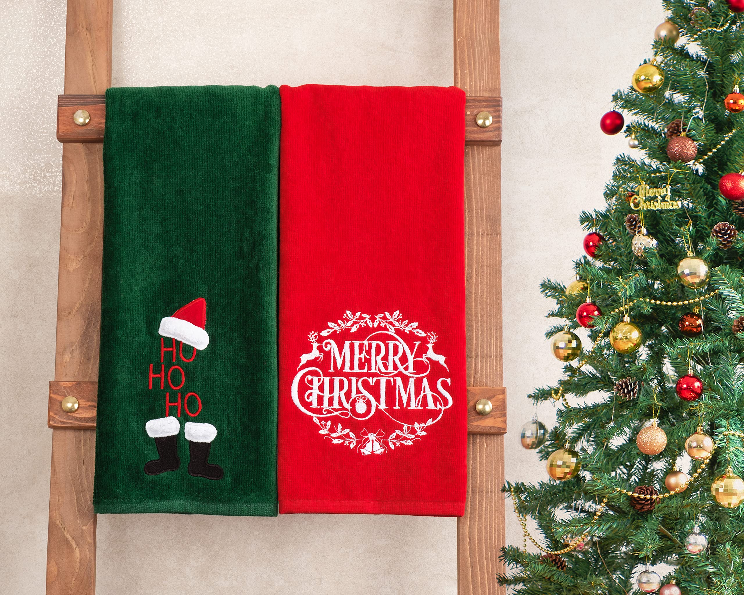 American Soft Linen Christmas Bath Towels Bathroom Set, 2 Packed Embroidered Decorative 100% Turkish Cotton Hand Bath Towels, Di