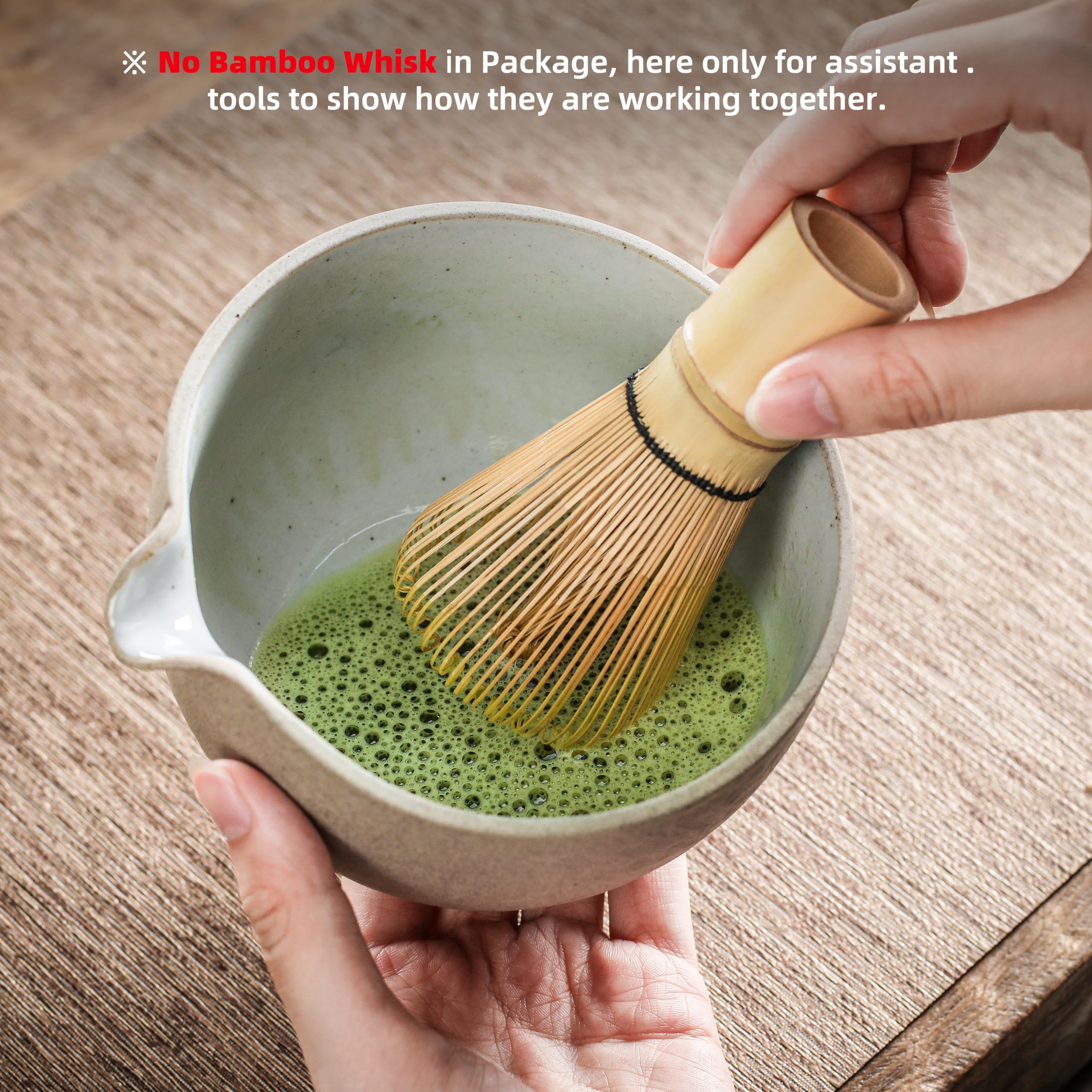 Teanagoo Japanese Natural Rock Texture Matcha Bowl (Pouring Spout) With Whisk Holder, 18 Oz, K12, Dk.Grey, Chawan Matcha Tea Bow
