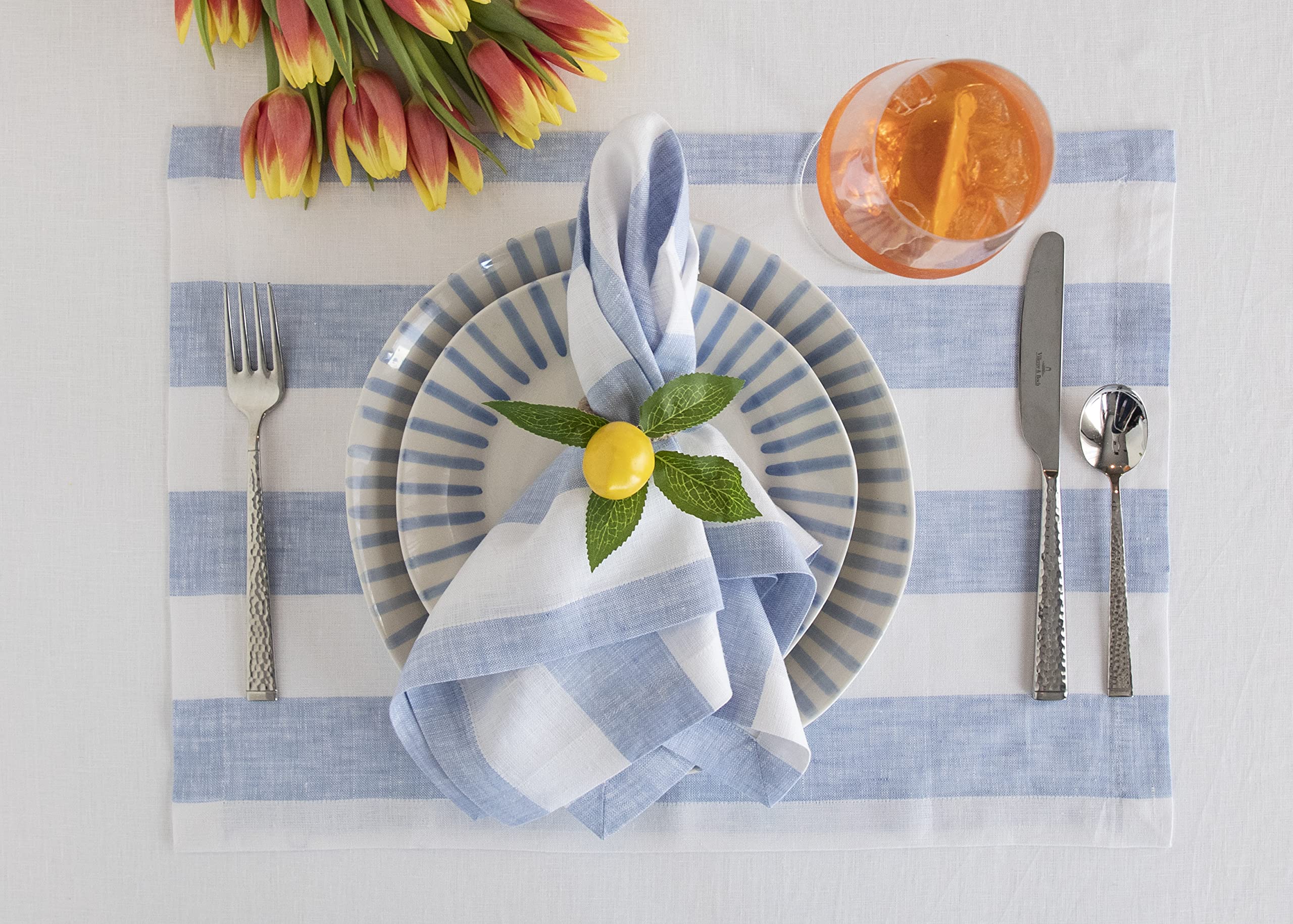 Solino Home Linen Easter Placemats 14 x 19 Inch - 100% Pure Linen Fabric Placemats for Spring  Summer - Cabana Stripe Sky Blue and White Tablemats Set of 4 - Handcrafted and Machine Washable