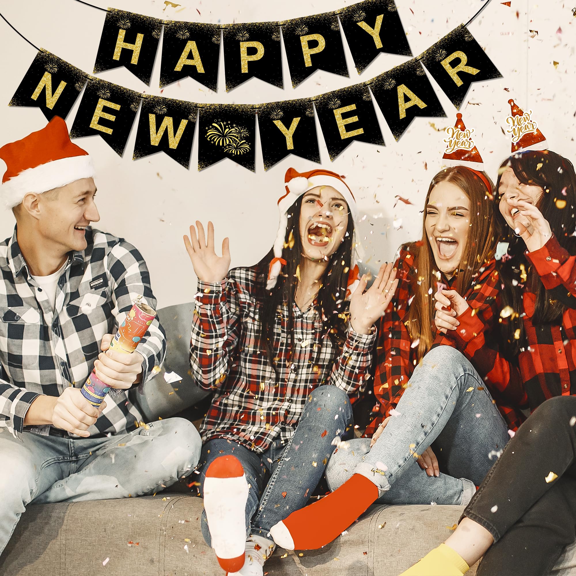 OHOME New Year Banner 2025 - Gold Happy New Year Decorations & Party Supplies - Model: New Year Banner-OHOME-01