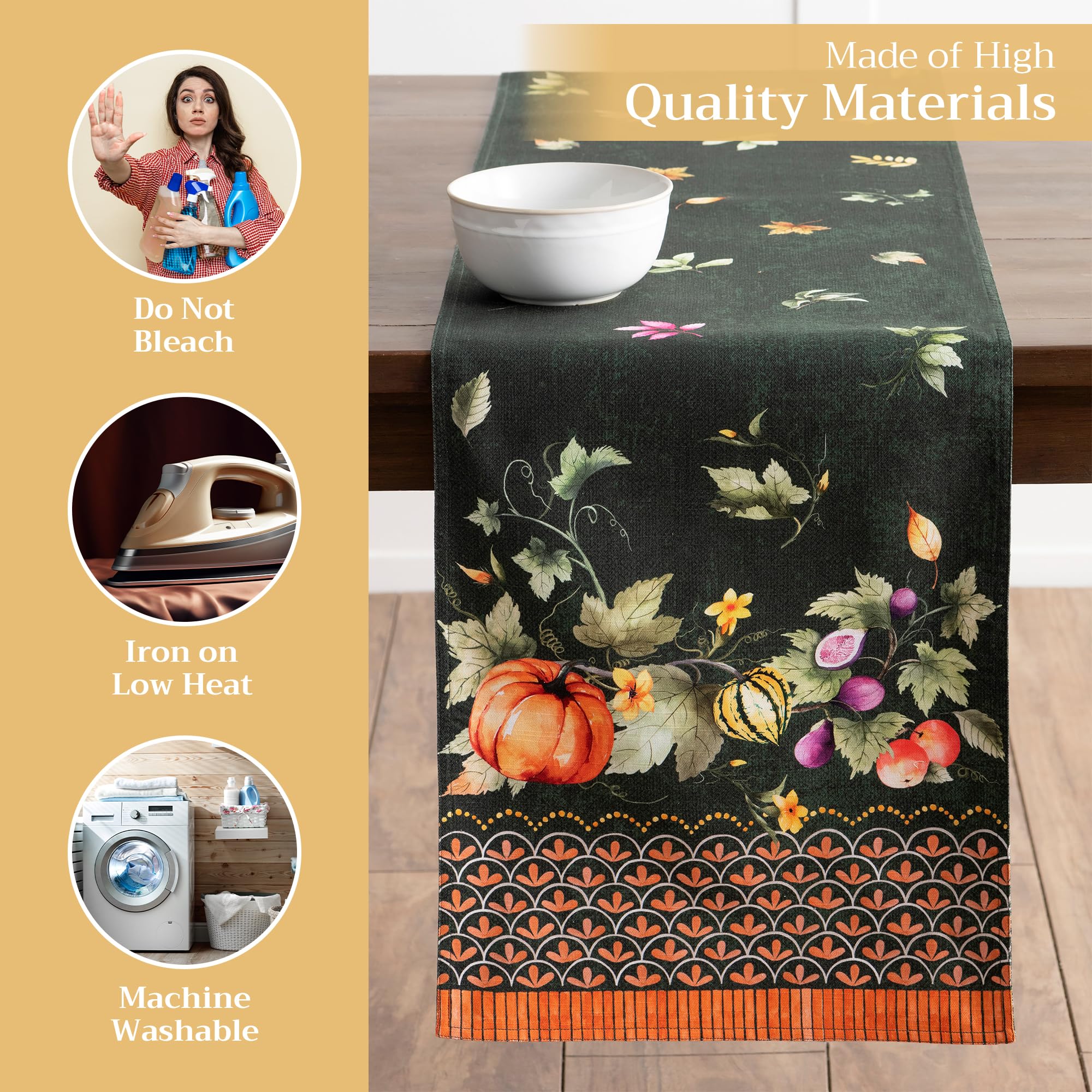 Maison d' Hermine Tablerunners 100% Cotton Decorative Tablerunner Table Cover for Gifts  Holiday  Dinner  Pumpkin Garden - Dark Green (Double Layer) - Thanksgiving/Christmas (14.50''x72'')