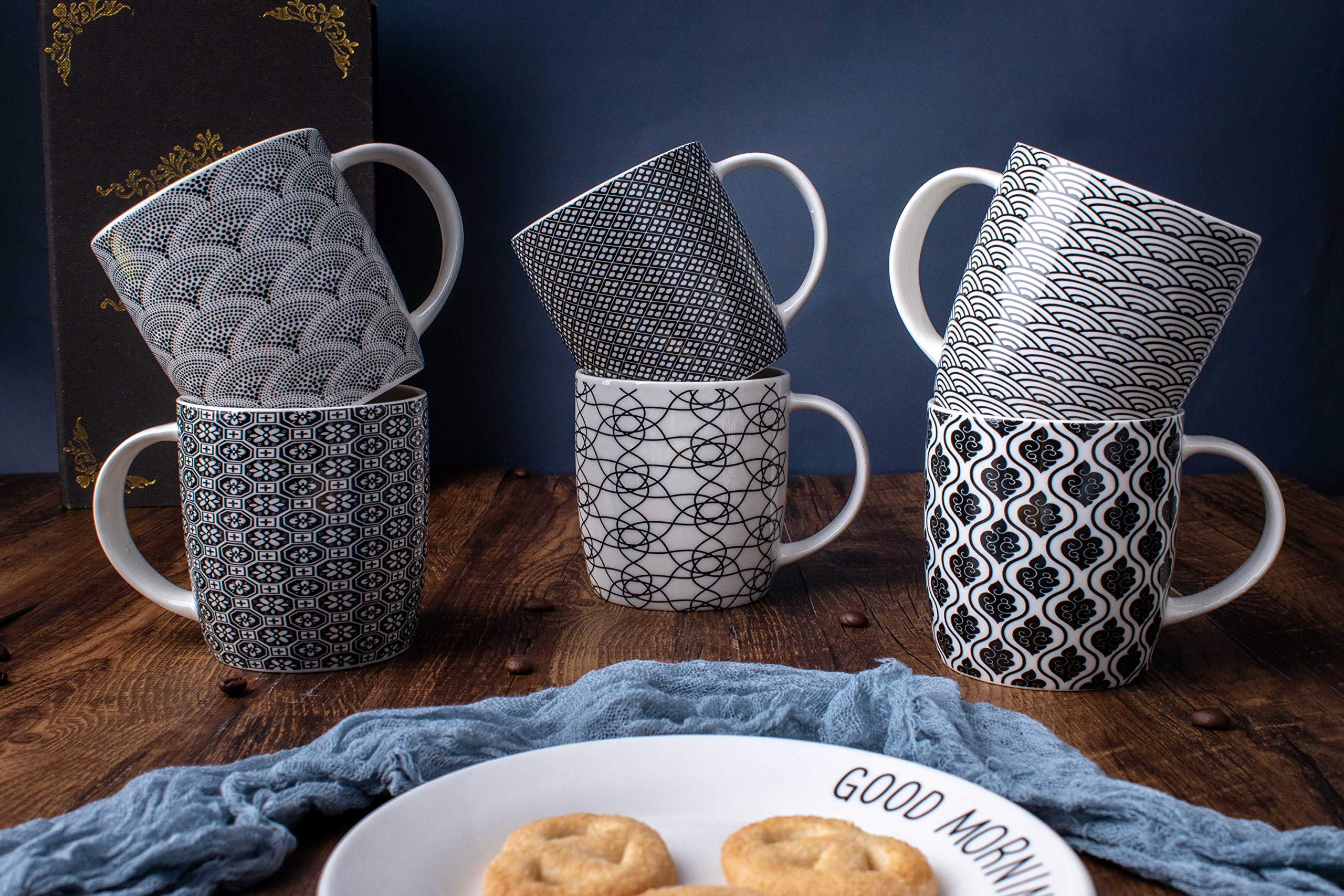 Machuma Set Of 6 11.5 Oz Coffee Mugs With Black And White Geometric Patterns, Ceramic Tea Cup Set