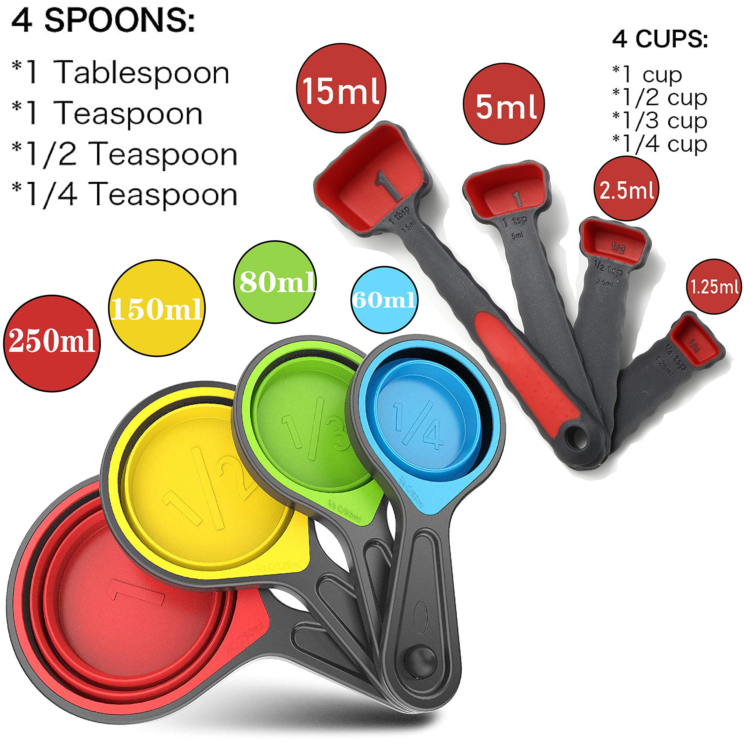 Collapsible Silicone Soft Measuring Cups And Measuring Spoons,8 Pieces Portable Food Grade Silicone Measurement Cup For Liquid &