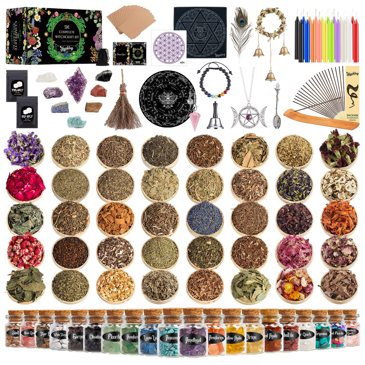 SHYSHINY Witchcraft Supplies Kit, 145Pack Wiccan Supplies and Tools Witchy Gifts for Beginners, Dried Herbs, Crystals, Candles,