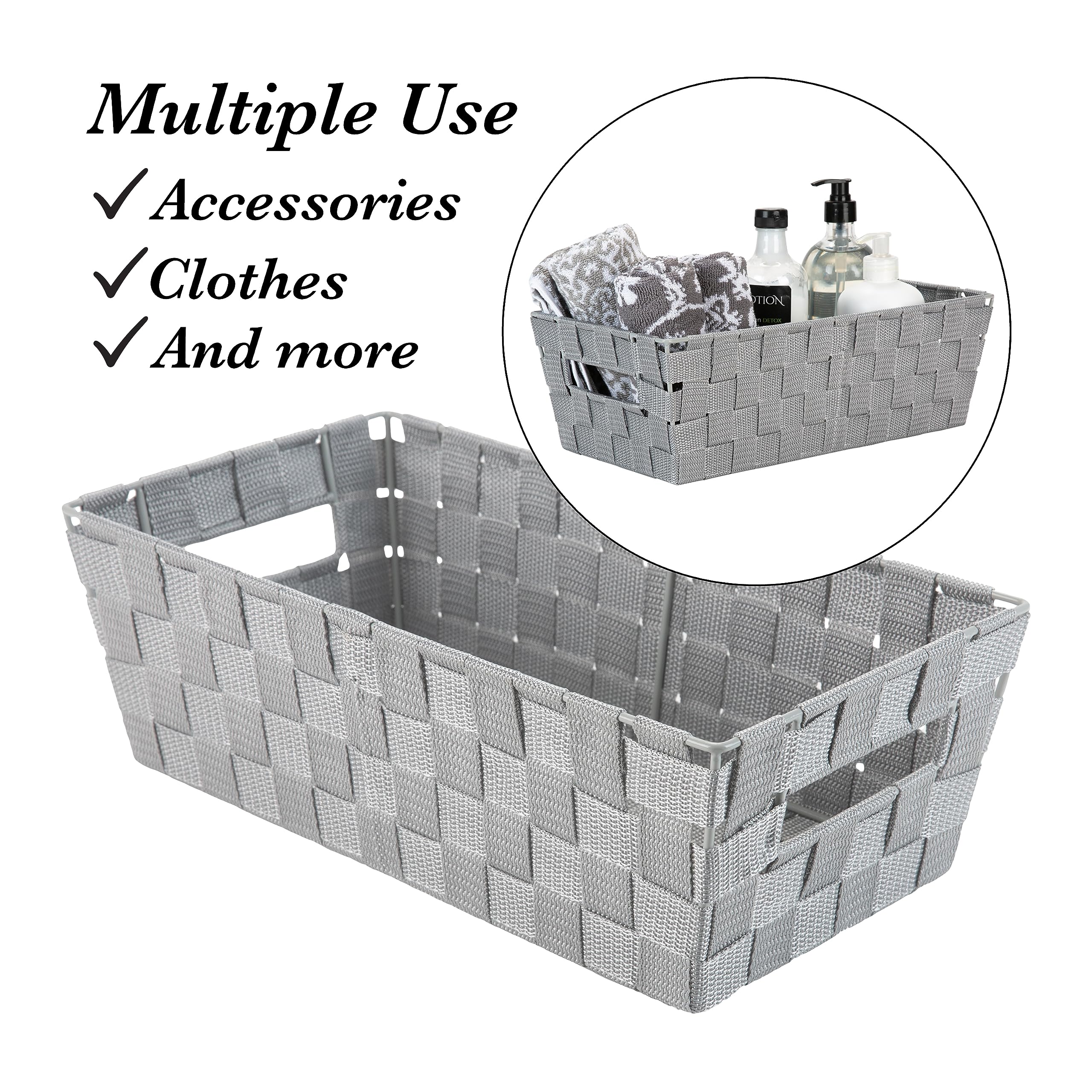 Simplify Extra Long Shelf Woven Strap Tote  Decorative Storage Basket  Built in Handles  Organization  Closet  Bedroom  Bathroom  Nursery  Accessories  Toys  Gifts  1 Pack  Heather Grey