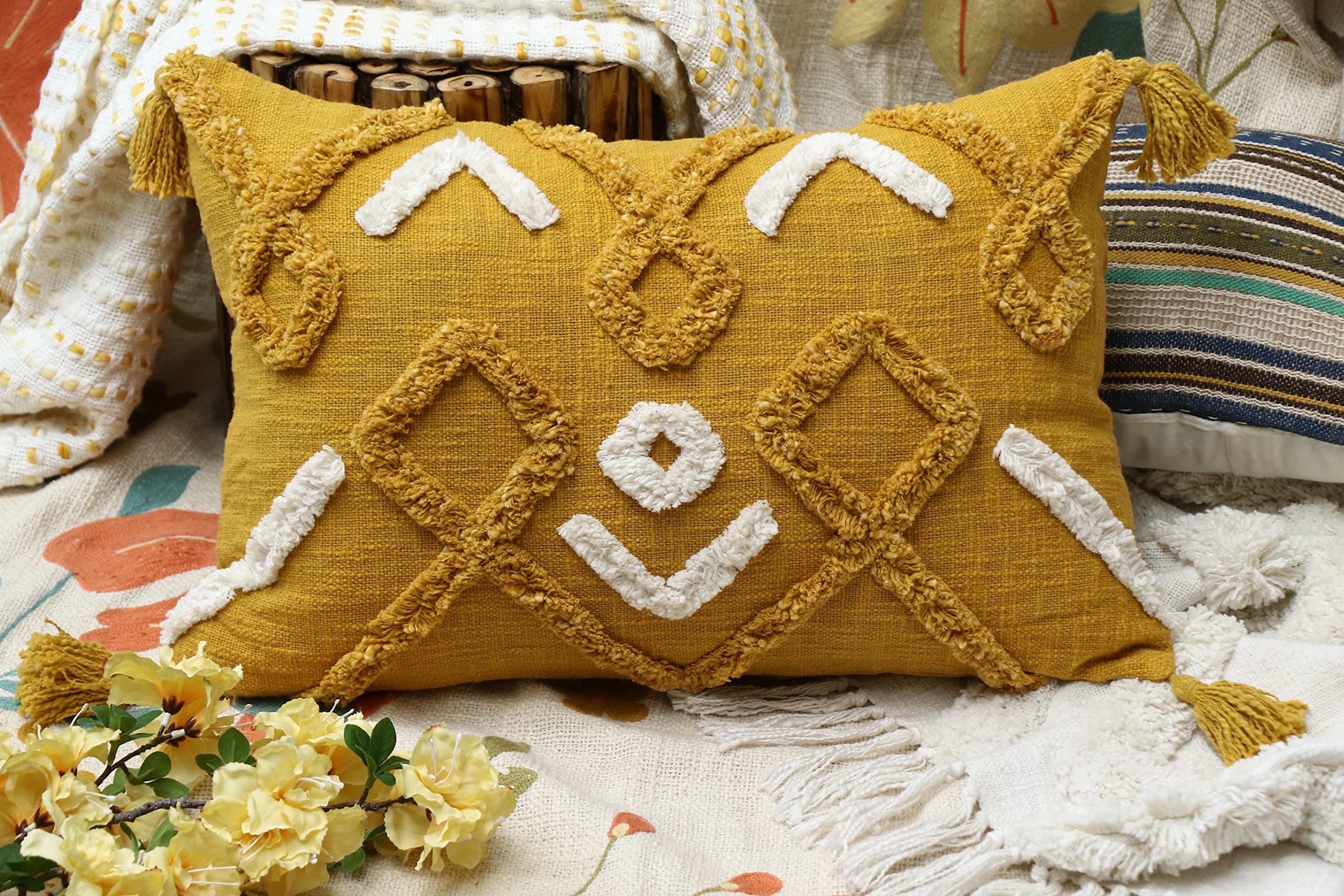 Impexart 16X24 Inch 40X60 Cm Cotton Rectangle Boho Sag Tufted Geometrical Cushion Cover For Dcor Sofa Couch Living Room Bedroom