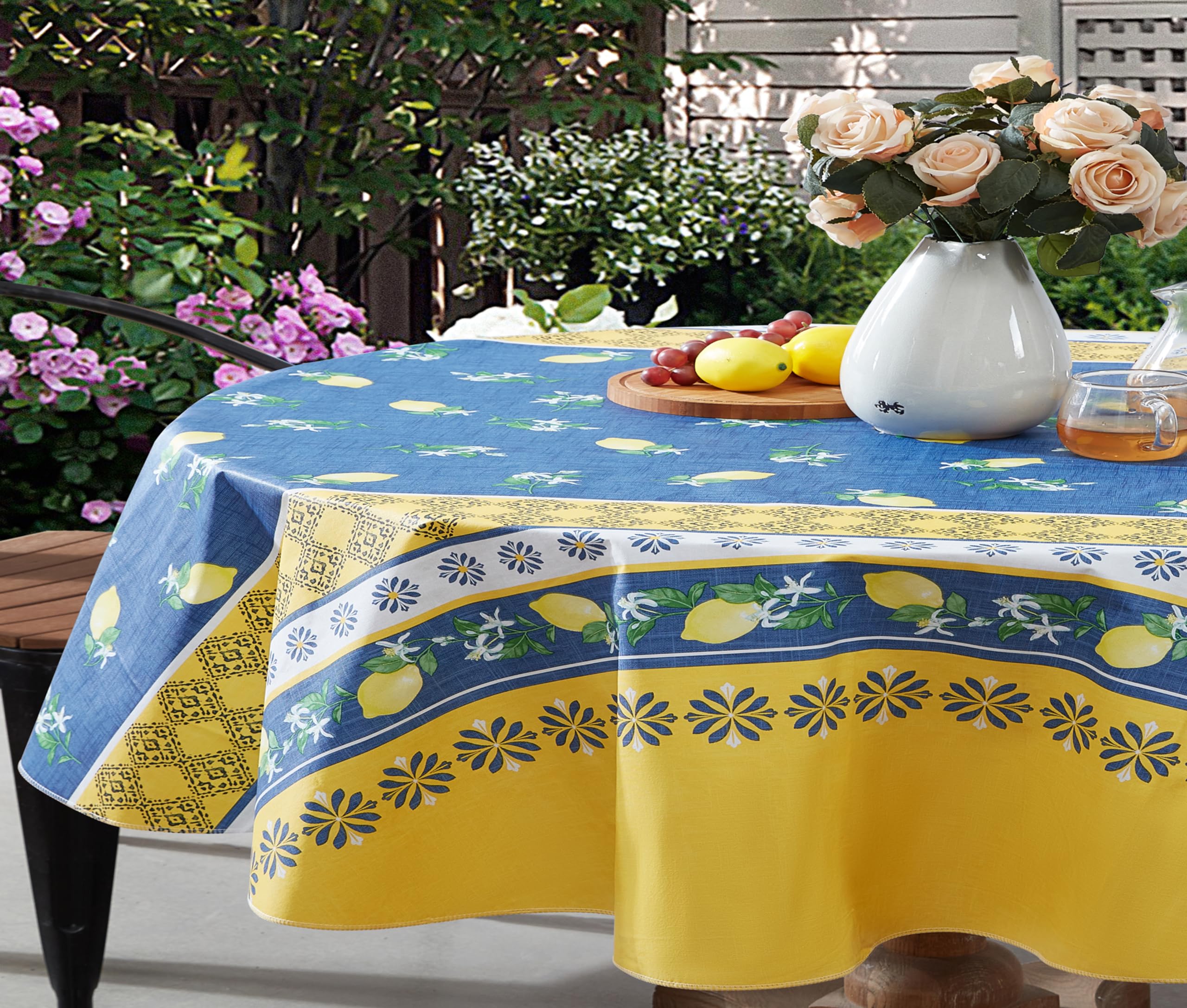 Home Bargains Plus Oval Vinyl Tablecloth With Flannel Backing, 60 X 84 Inch, French Country Lemon Grove, Yellow And Blue Lemons