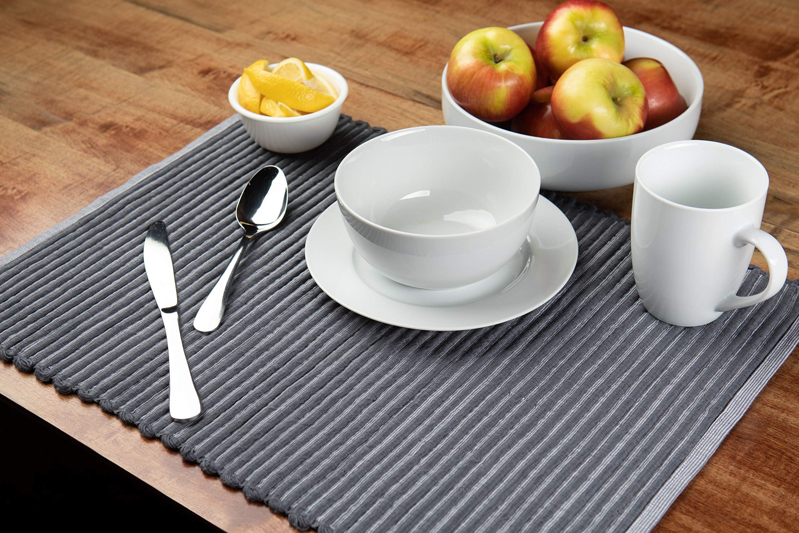 Placemats Set Of 4, Woven Cloth Placemat Set, 14X19 In, Gray Large Ribbed Place Mats For Kitchen Or Dining Table, Washable Cotto
