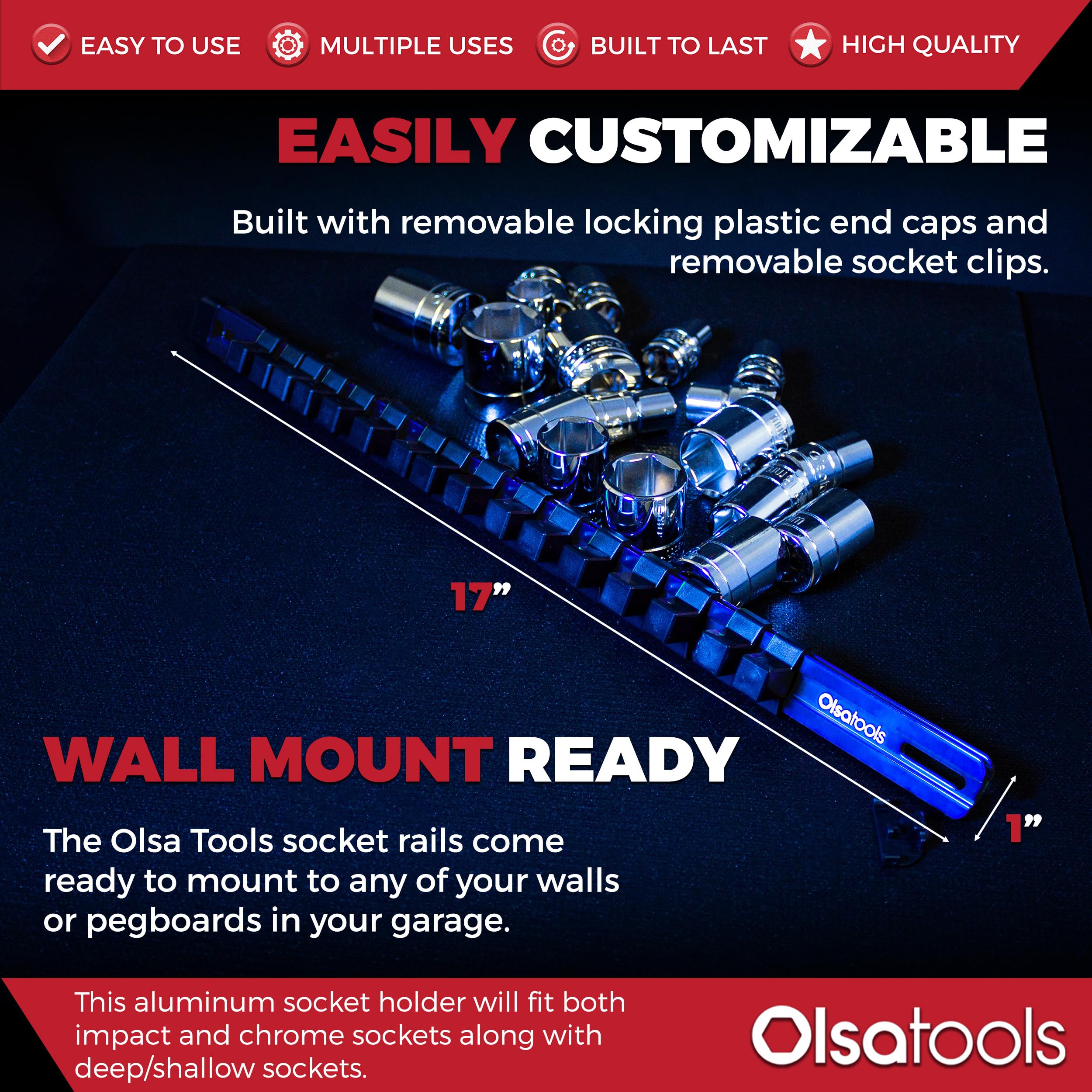 Olsa Tools 12-Inch Drive Aluminum Socket Organizer With Locking End Caps  Professional Quality Socket Holder (Blue)