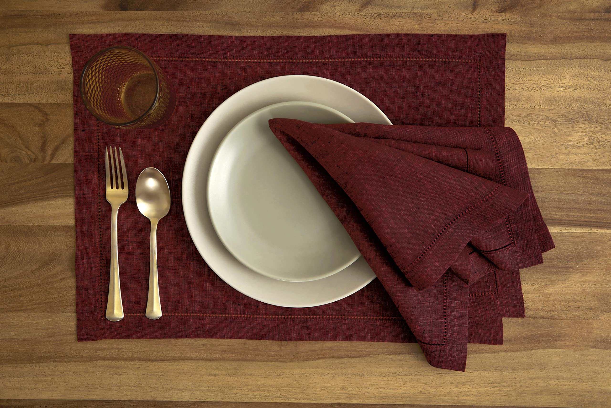 Solino Home Linen Placemats 14 x 19 Inch - 100% Pure Linen Red Garnet Placemats Set of 4 - Milan Hemstitch Tablemats for Kitchen  Dining  Dinner - Machine Washable and Handcrafted from European Flax