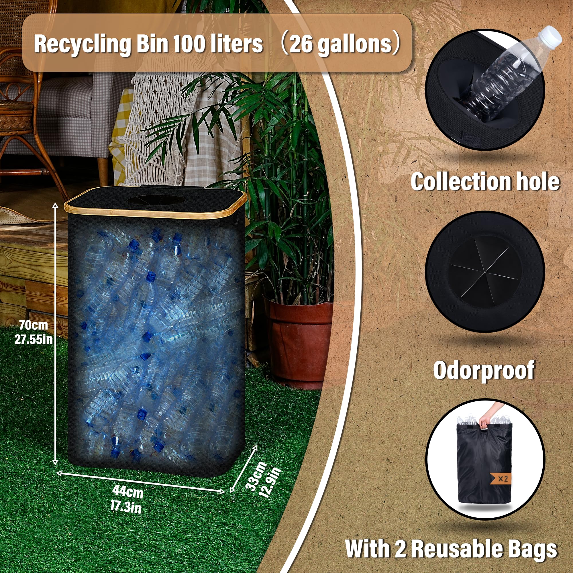 Efluky Recycling Bin For Kitchen 26 Gallon, 100L Recycle Bin With 2 Removeable And Reusable Inner Bag, Large Recycling Bin With
