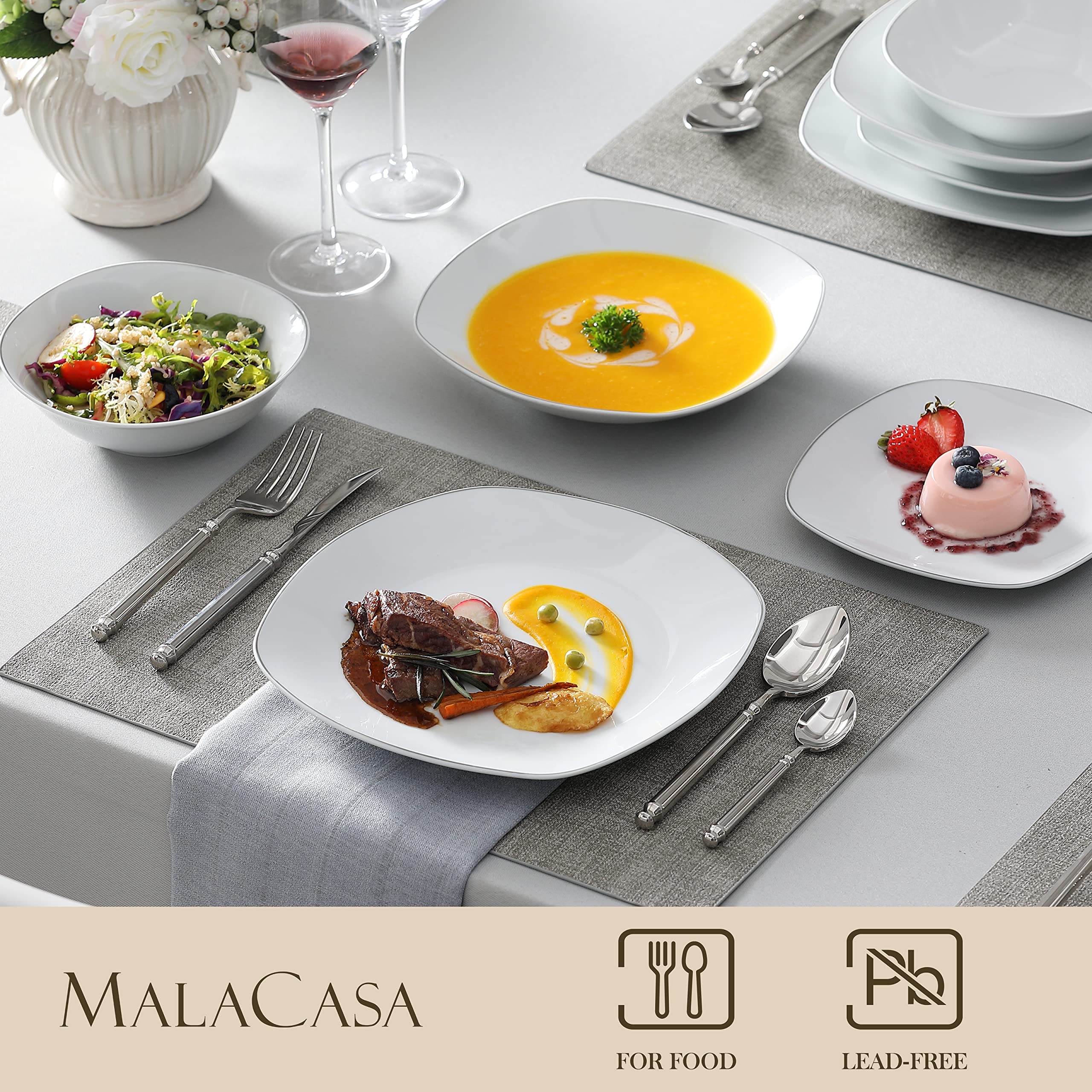 MALACASA Dinnerware Sets, 24-Piece Porcelain Square Dishes - White with Silver Rim, Modern Dish Set for 6 - Plates and Bowls Set