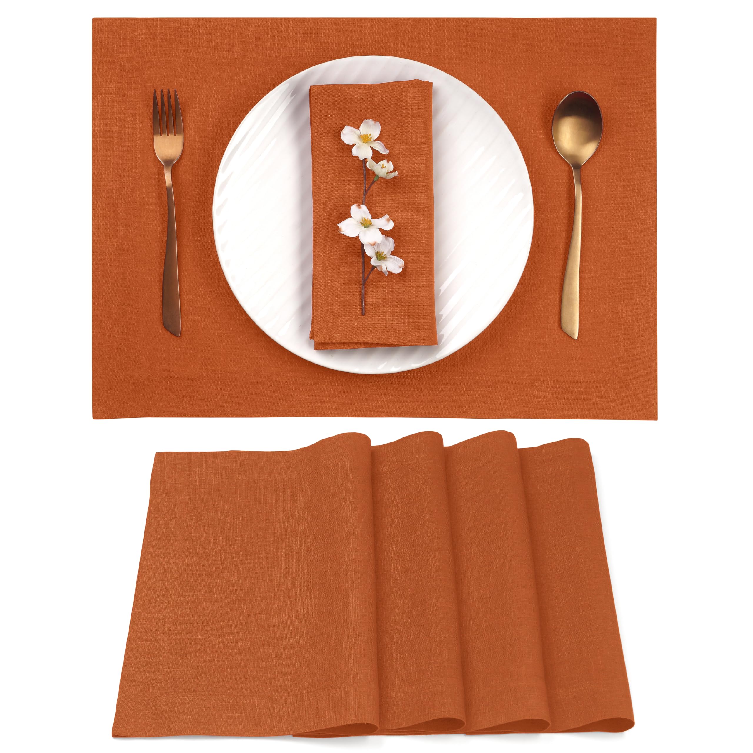 Dmoksha Fall Placemats 14 X 19 Inch, Rust Placemats Set Of 4, 100% Pure Linen Placemats, Hemmed Cloth Placemats, Perfect For Tha