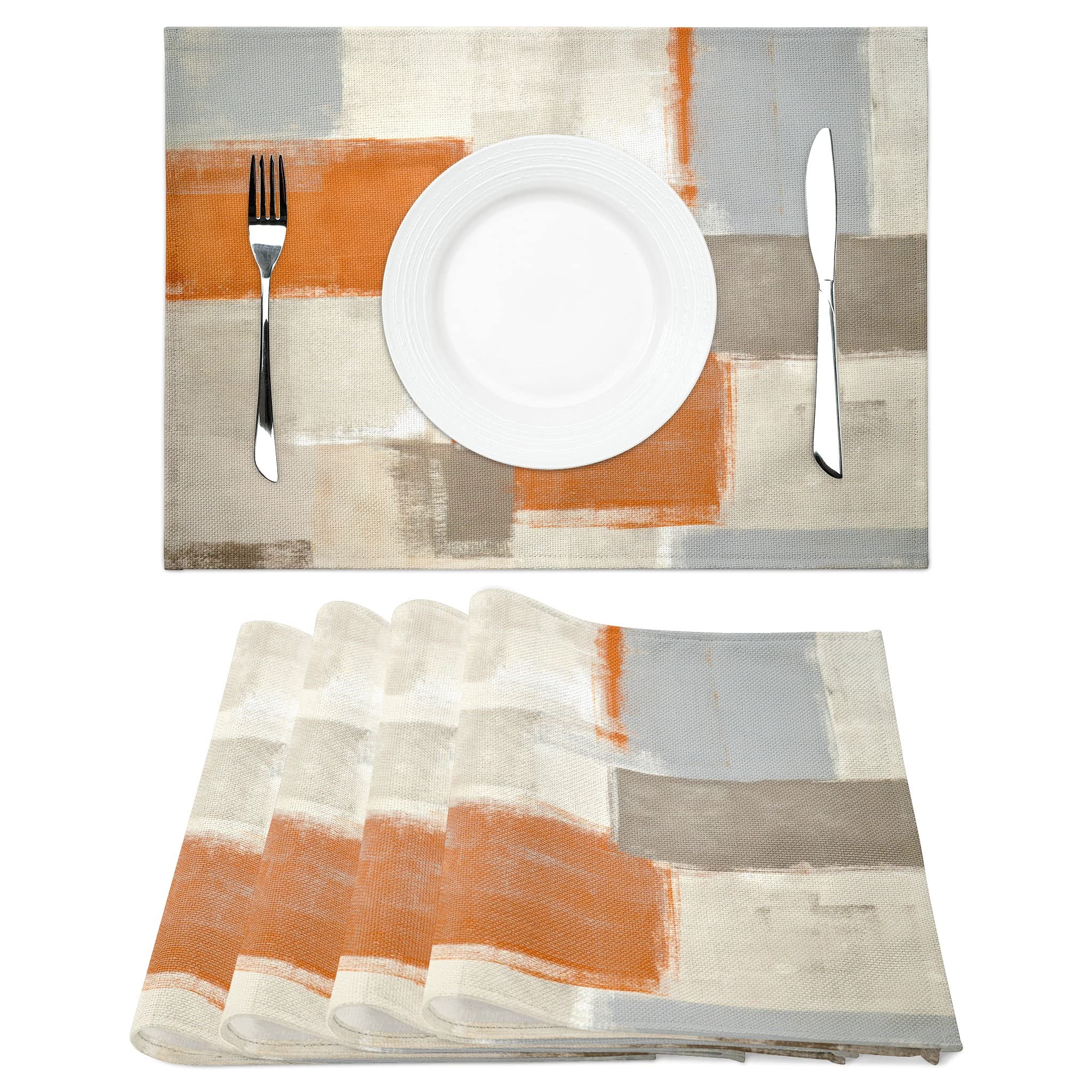 Modern Art Placemats Set Of 4 Orange Abstract Painting Place Mats Washable Linen Beige Placemat For Kitchen Dining Table Home Pa