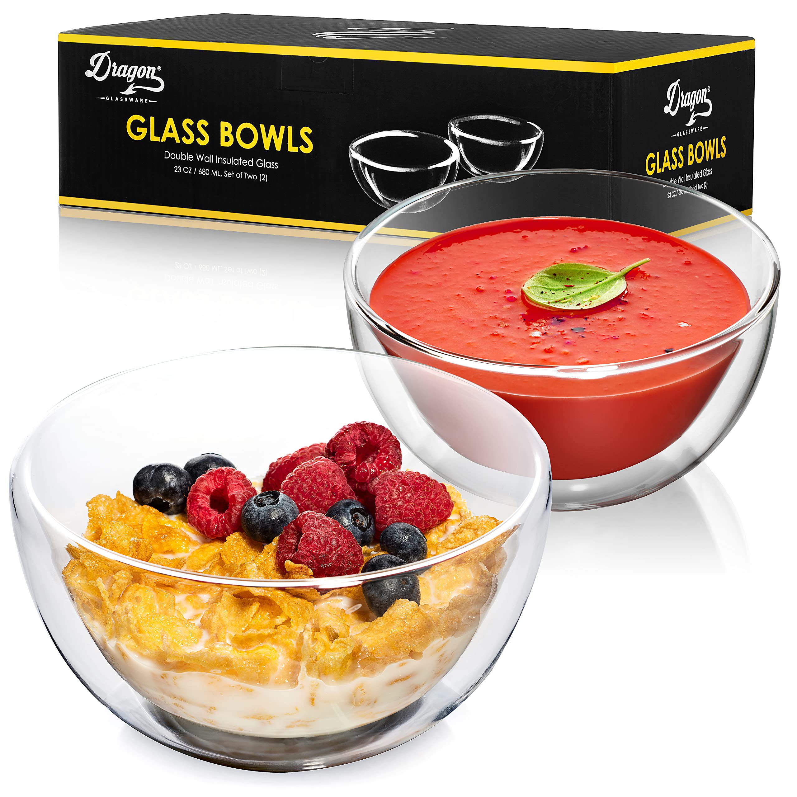 Dragon Glassware Clear Glass Bowl Set - 23 Oz Durable Insulated Double Wall Glass Cereal Bowls Set Of 2 - Microwave Safe Glass B