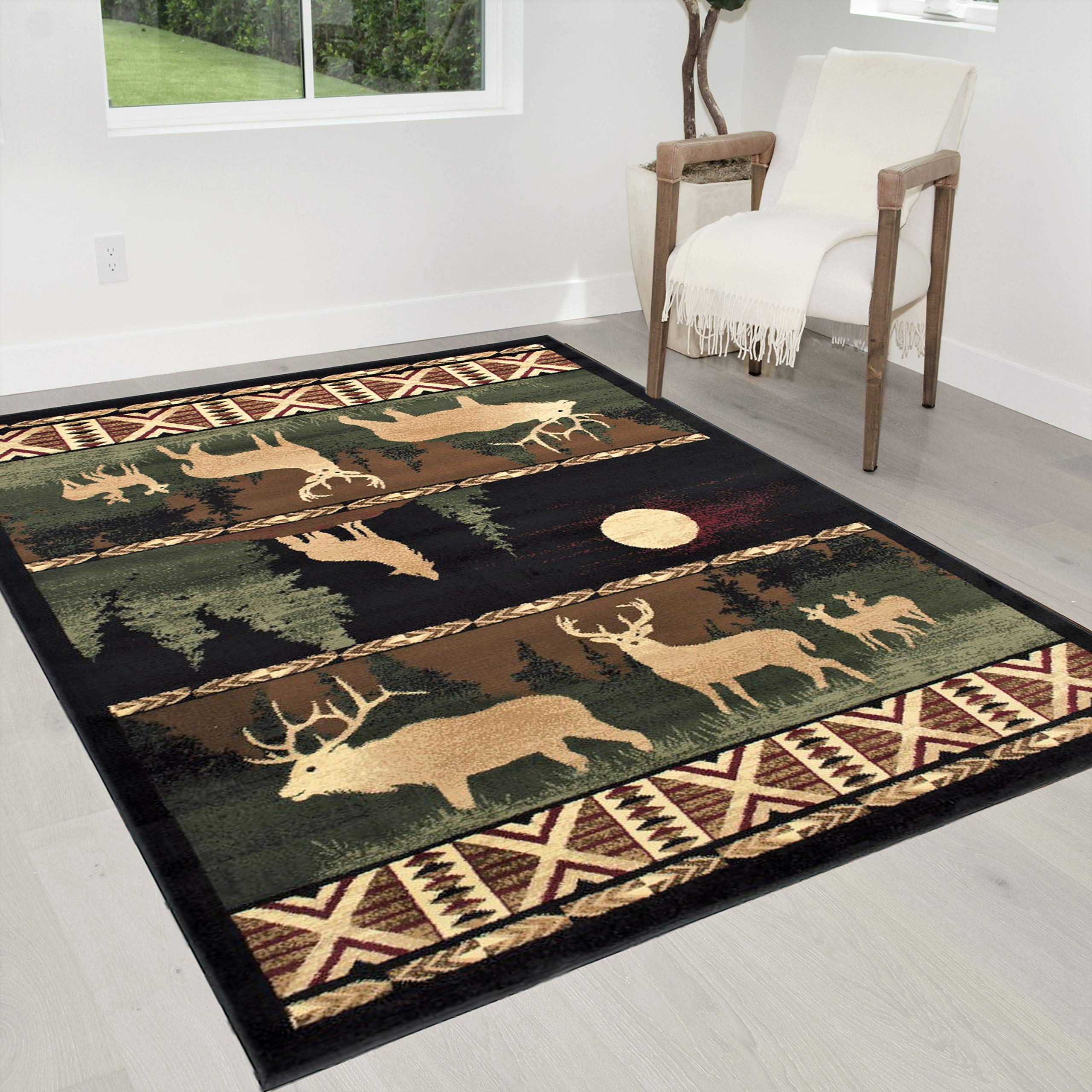 HR Lodge, Cabin Nature and Animals Area Rug- Nature Pattern Cabin Area Rug-Abstract, Black/Beige/Green/Red-Wolf/Moon/Deer