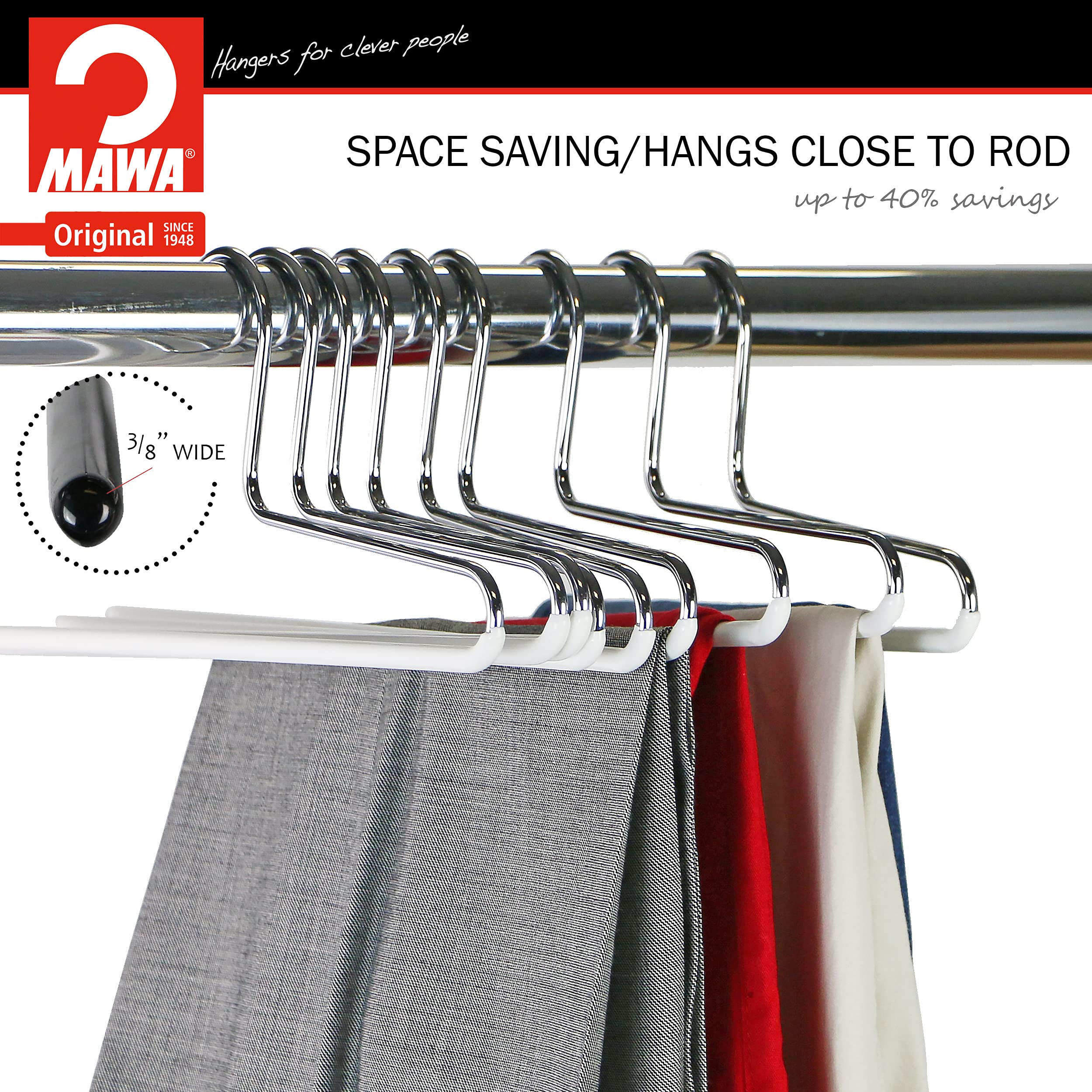 Mawa By Reston Lloyd Trouser Series Non-Slip Space-Saving Clothes Hanger With Single Rod For Pants, Style Kh/1, Set Of 4, White