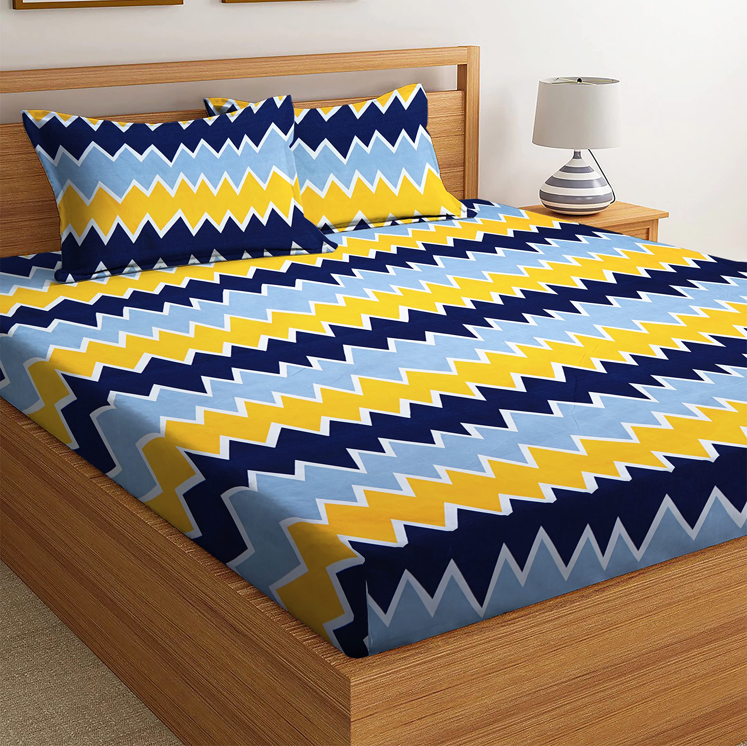 BSB HOME 100% Microfibre 160 TC Zigzag Printed Double Bedsheets with 2 King Size Pillow Cover, (90X90 Inches, 7 x 7.5 Feet, Yell