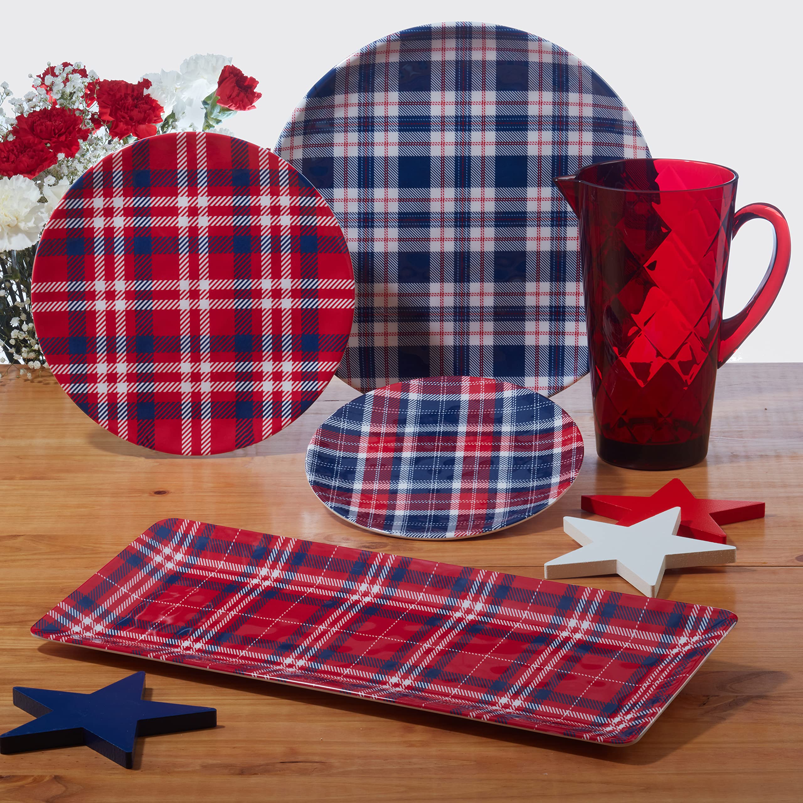 Certified International Patriotic Plaid Melamine 3 Piece Hostess Servware Set, Multicolor, Large