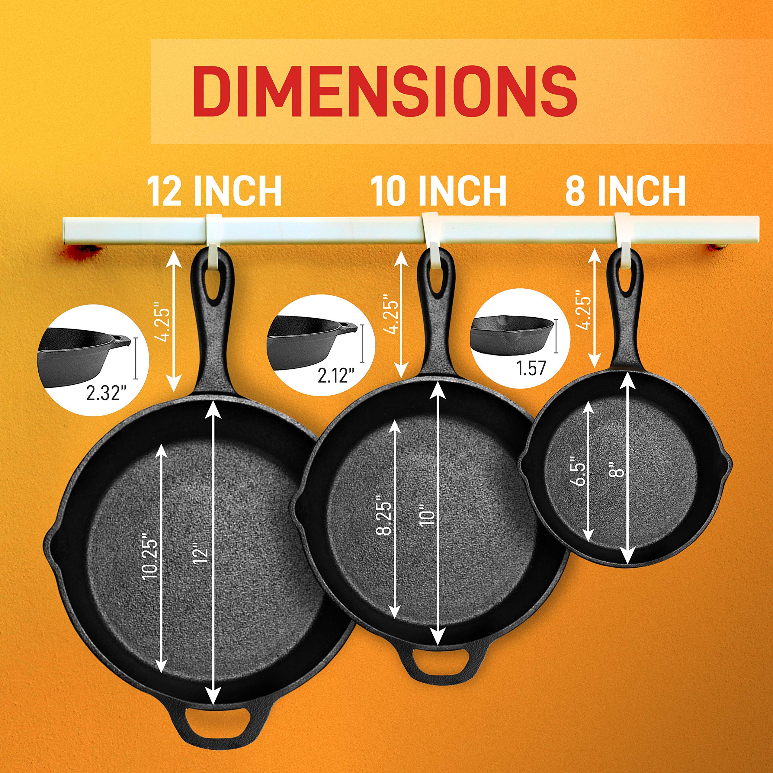Nutrichef 3Pc Cast Iron Skillet Set - Nonstick Pans With Drip Spout, Silicone Handles, For All Cooktops