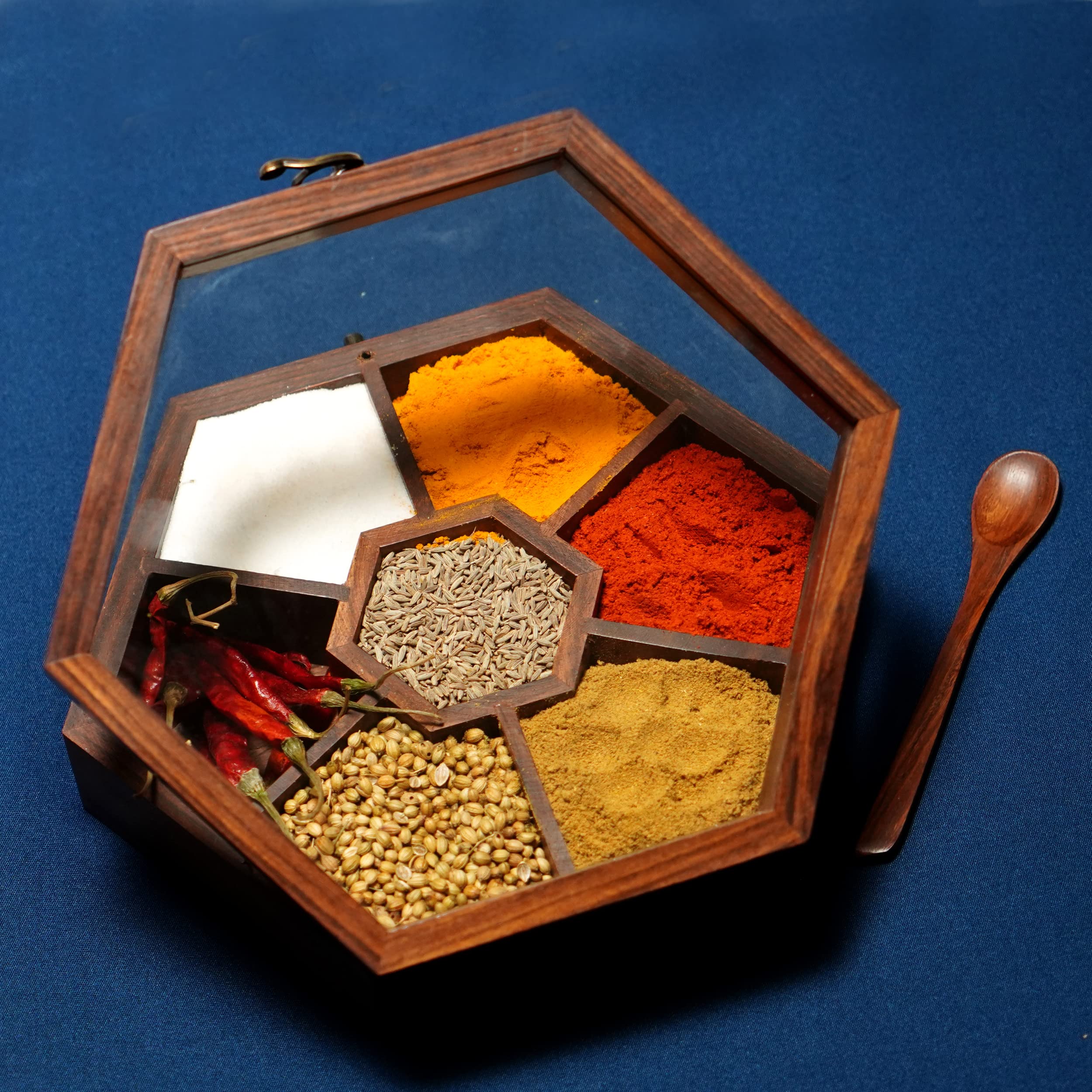 Yourowndcor Handcrafted Wooden Spice Box Set For Kitchen With Spoon In Sheesham Wood (7 Containers, Non Detachable, 45 Ml)  Mas
