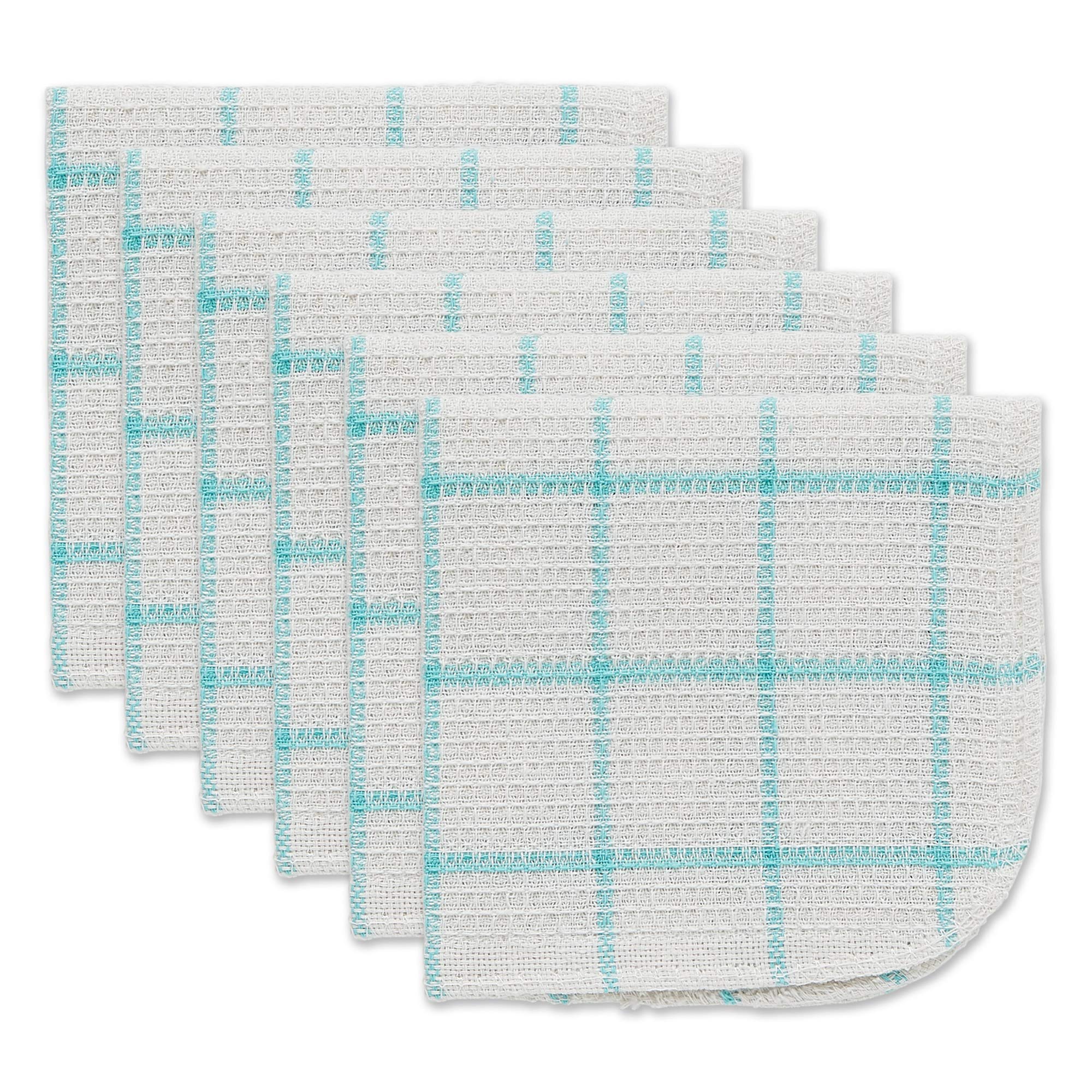 Dii Scrubber Dishcloths Collection Windowpane Dishrag Set, 12X12, White/Aqua Stripe, 6 Piece