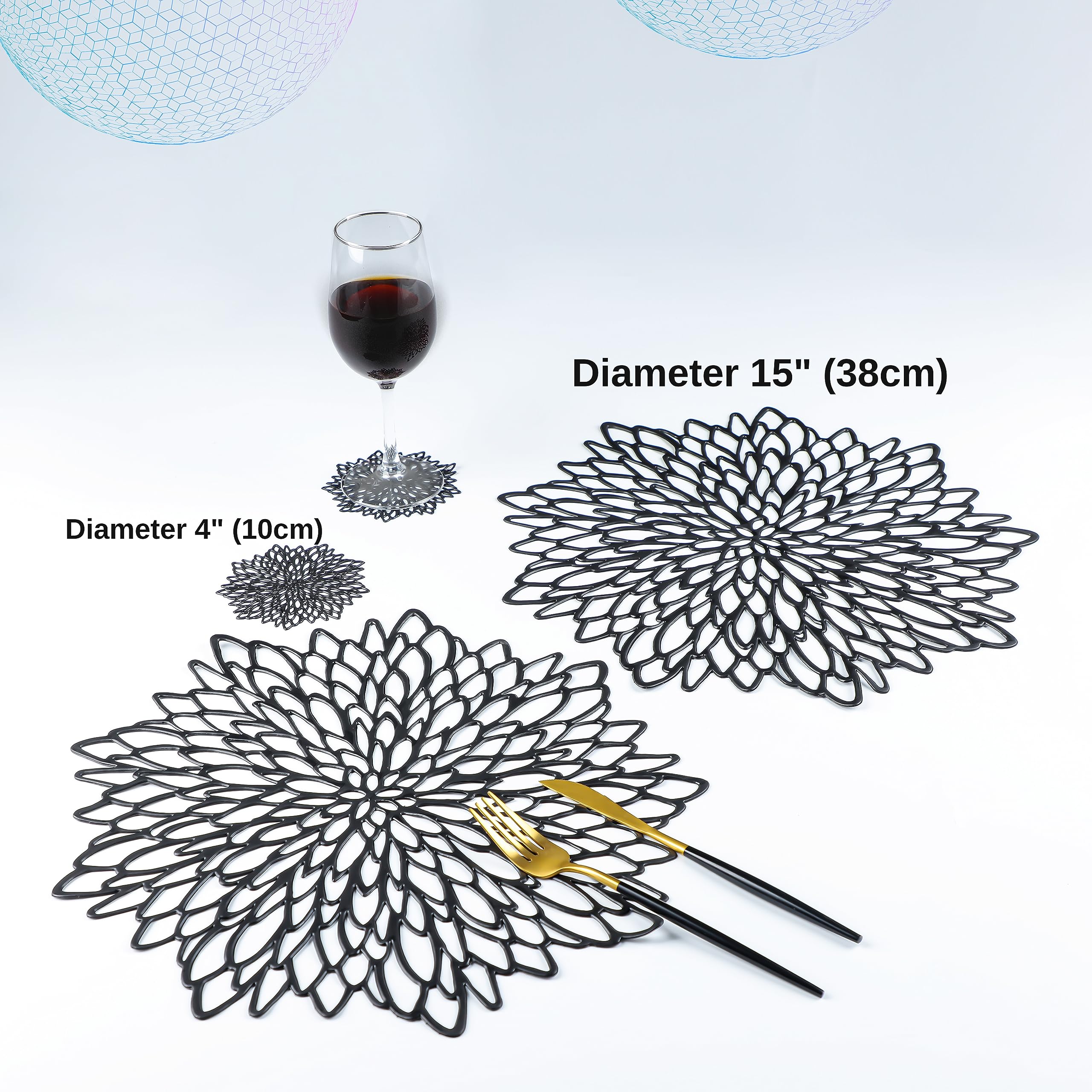 Pairs Of 18 Black Placemats & Coasters 36 Pcs Matching Washable Pressed Vinyl Laser Cut Dining Table Mats Round Floral Charger D