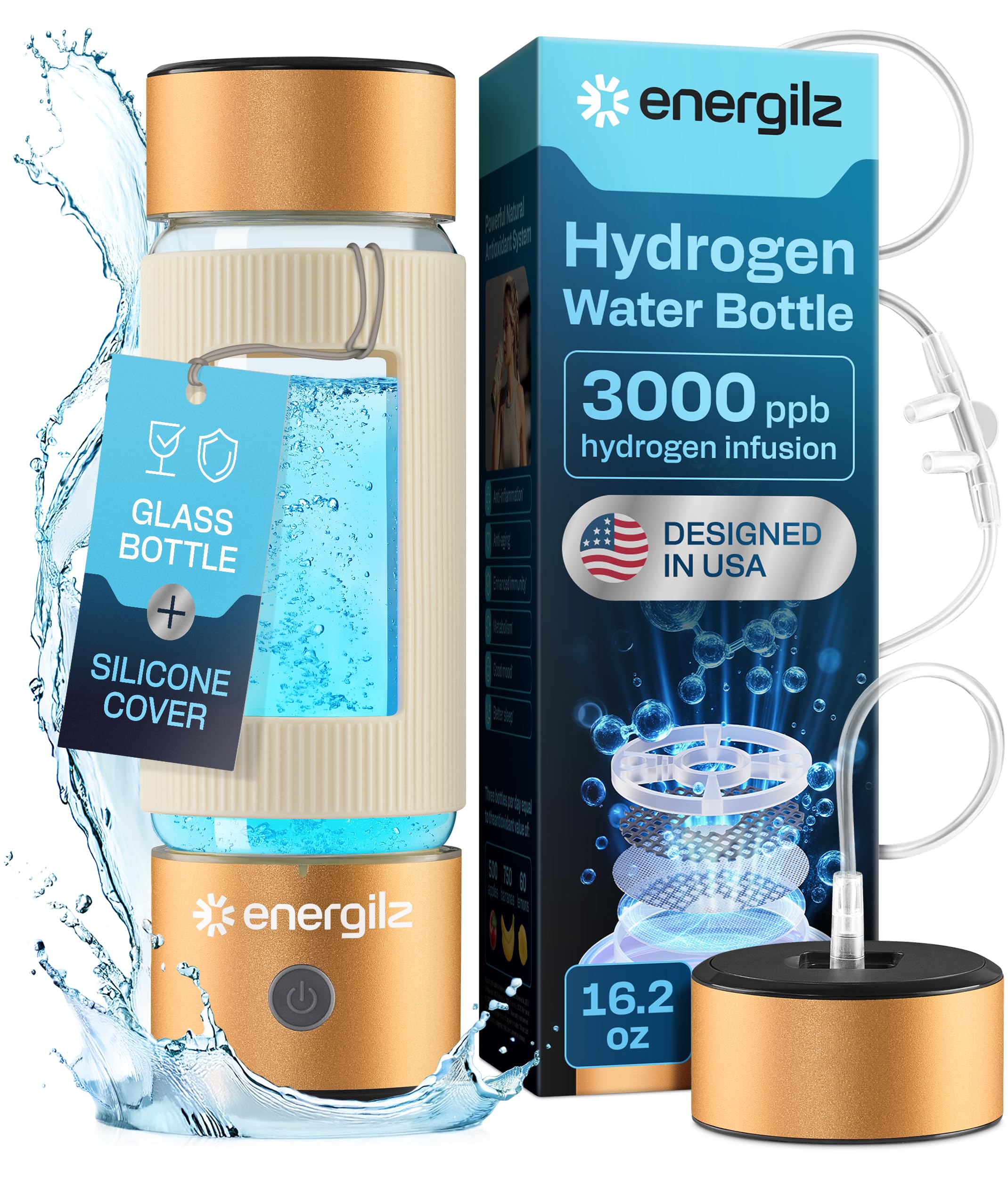 Energilz Hydrogen Water Bottle | Large 16.2 Oz (480 Ml) Hydrogen Water Bottle Generator 3000 Ppb | Hydrogenator Machine | Spe/Pe