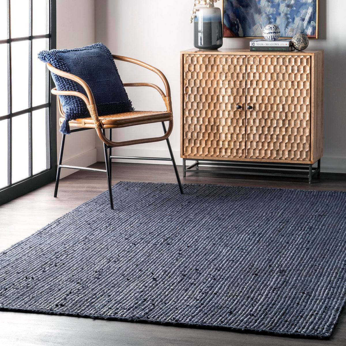 Line Rigo nuLOOM 4x6 Rigo Jute Hand Woven Area Rug, Navy, Solid Farmhouse Design ...