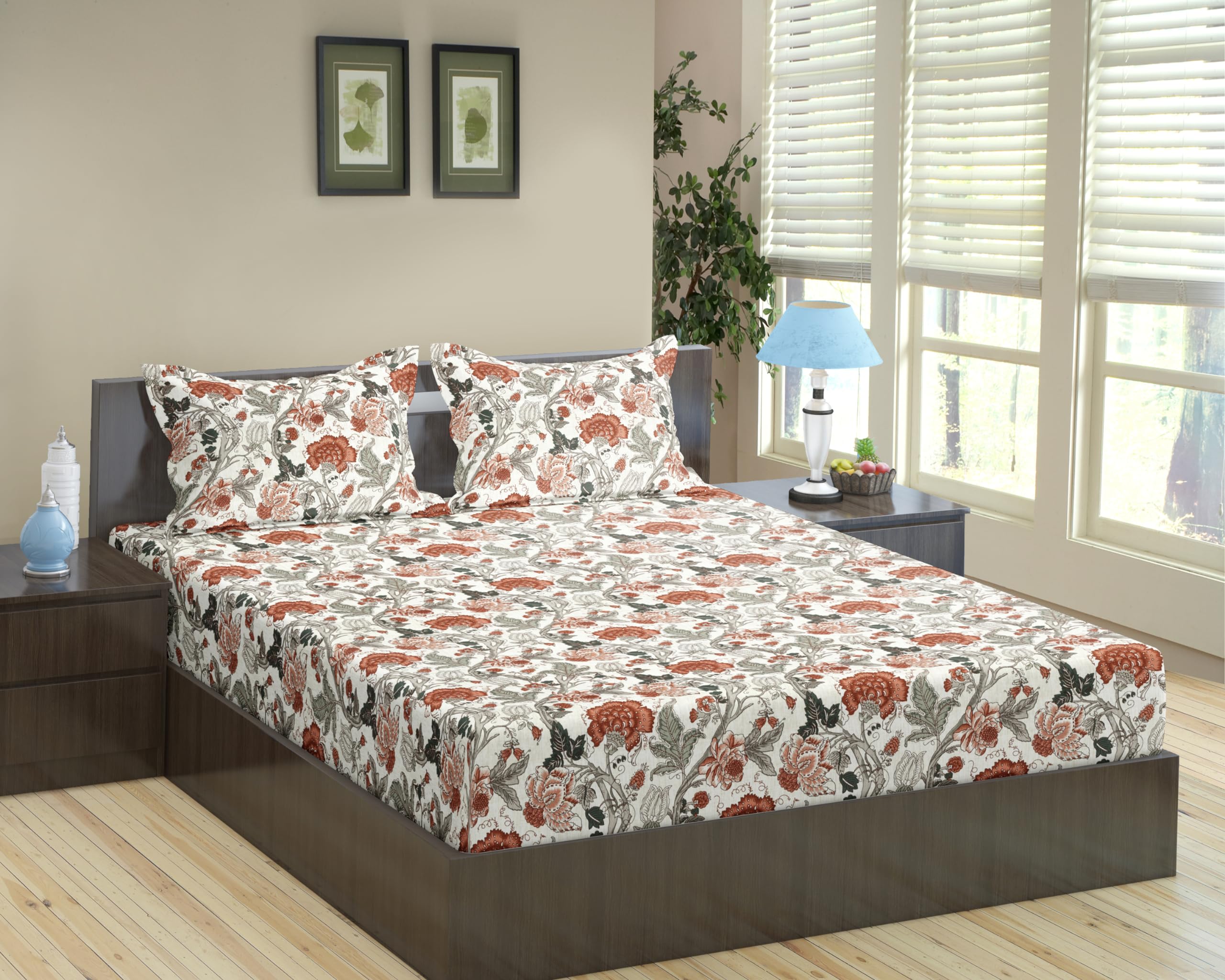 Trance Home Linen 180Tc 100% Cotton Double Bed Size Elastic Fitted Bedsheet | Printed Bedsheet For Double Size | Cotton Double B