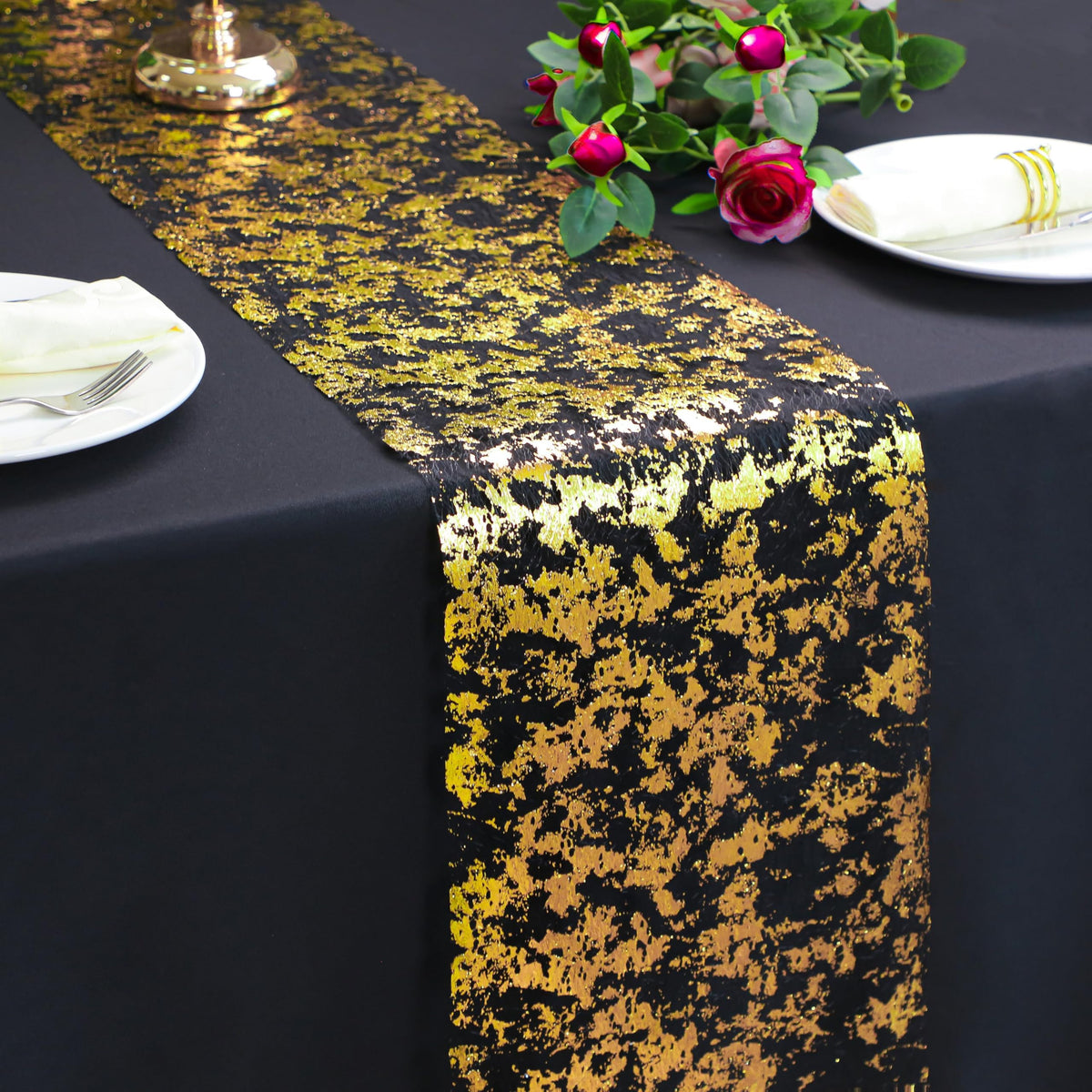 Snowkingdom 2 Pcs Black And Gold Table Runner 108 Inch X2 Sparkly Golden Metallic Table Centerpieces Foil Runners Decorations Gl